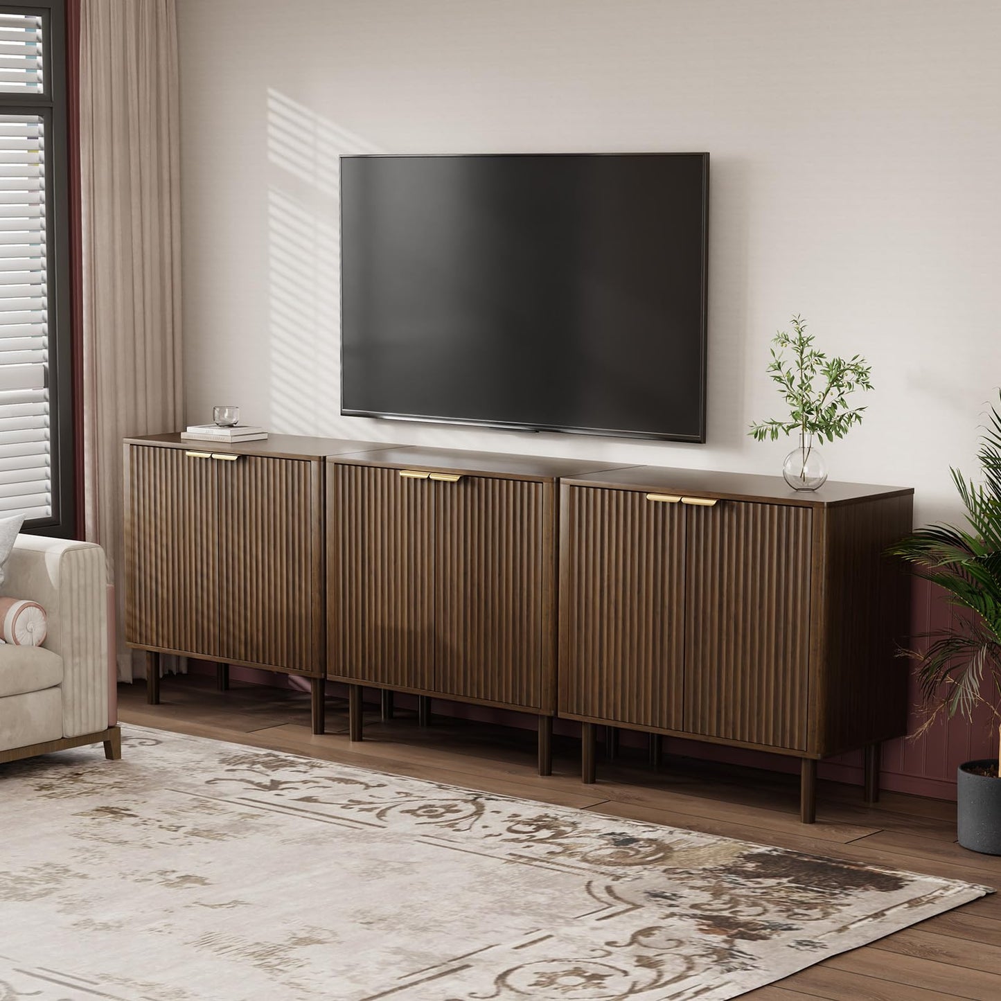 IKALIFE Sideboard Buffet Cabinet with Storage, Modern Fluted Accent Credenza with Doors & Adjustable Shelves, Wood Coffee Bar Console Table for Living Room, Dining Room, Kitchen, Entryway 31.5"Walnut