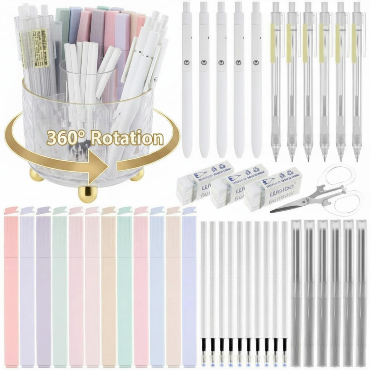 Eersida 44 Pcs Aesthetic School Supplies with 360° Rotating Pen Organizer, Office Supplies, 12 Highlighters, 5 Ink Gel Pens, 6 Mechanical Pencils Set for Stationary Office Desk Accessories(Clear)