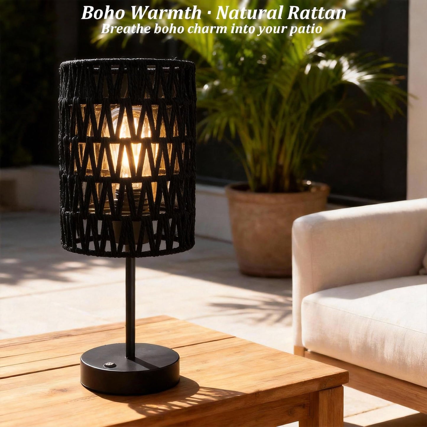 ALL FORTUNE Boho Cordless Outdoor Table Lamps, Rechargeable Battery Operated Rattan Table Lamps, Stepless Dimmable, for Covered Patio, Porch, Gazebo, Living Room, Bedroom Decor- Set of 2 (Black)