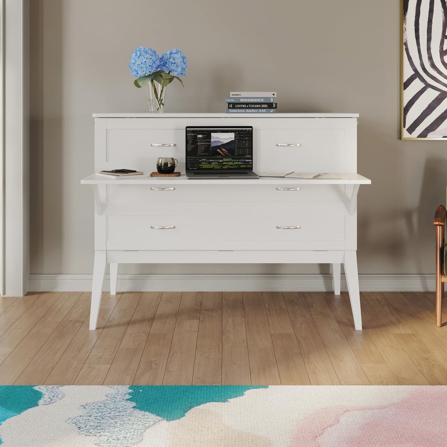 HomeStock Full Murphy Bed Desk with 6" Mattress & Built in Charger in White