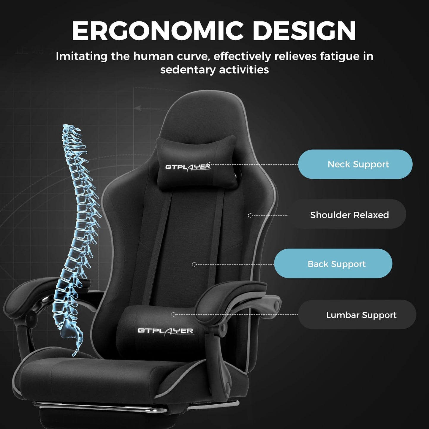 GTPLAYER Gaming Chair with Footrest, Computer Chair with and Lumbar Support, Height Adjustable Game Chair with 360°-Swivel Seat and Headrest and for Office or Gaming (All Black-Fabric)