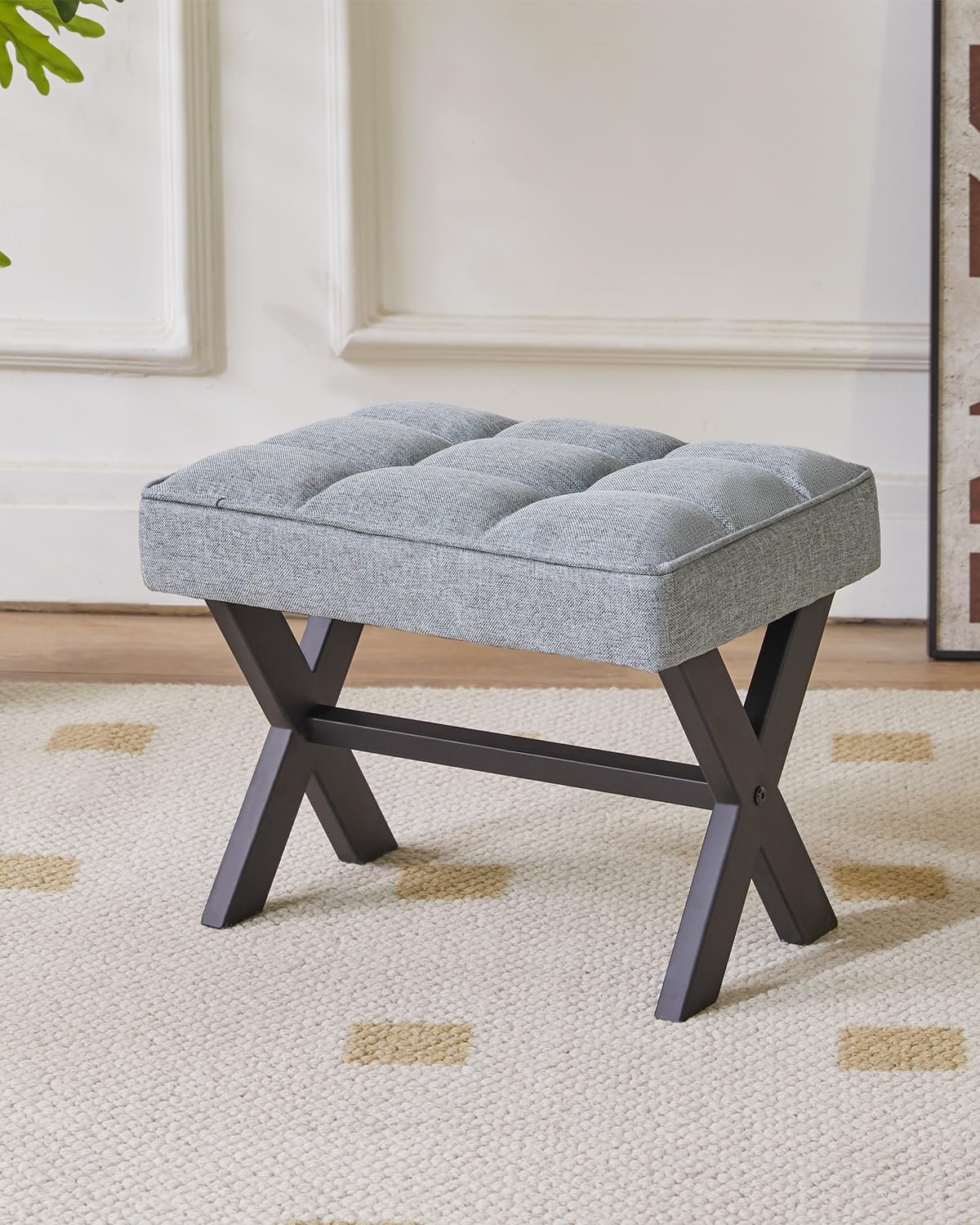 IBUYKE Small 12" H Footrest Stool, Square Linen Foot Stool with Metal X-Leg, Multi-Use as Small Side Table, Step Stool for Living Room, Bedroom, Entryway, Office, Blue Gray WBD011L