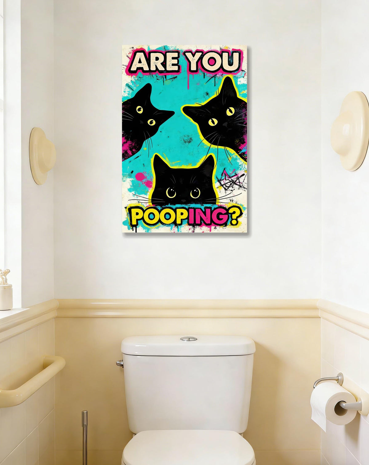 DUFIPOR Funny Black Cat Bathroom Wall Art, Are You Pooping? Graffiti Pop Art Canvas Prints, 16x24 Inch Humorous Bathroom Decor for Washroom Restroom, Trendy Cat Lover Gifts for Bathroom Wall Decor