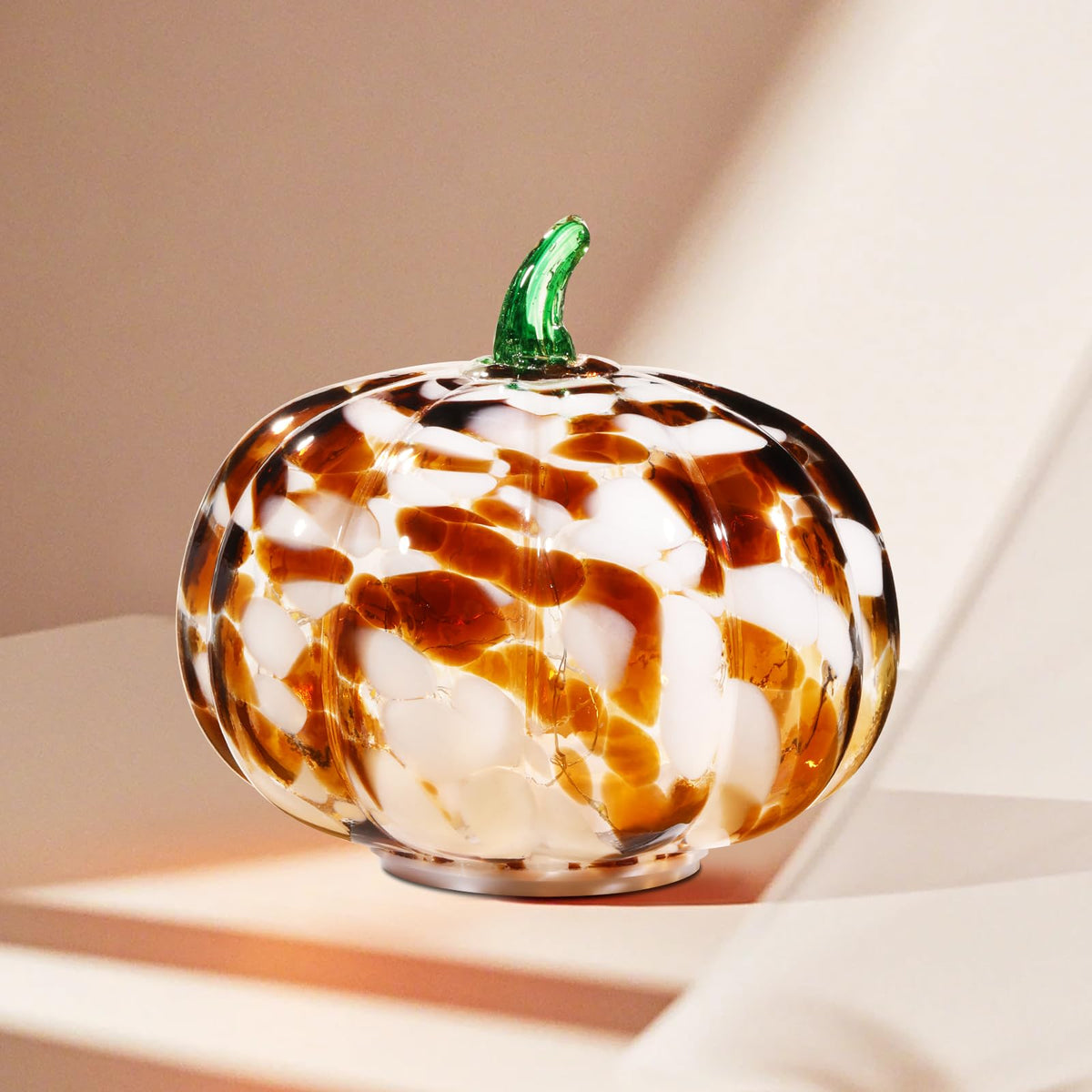 Naboher Handcrafted Glass Pumpkin with Warm LED Lights - Halloween & Thanksgiving Decor, Gift-Worthy Fall Home Decoration, 5.9-Inch Light-Up Tabletop Centerpiece (Green Leaf Coffee and Purple)