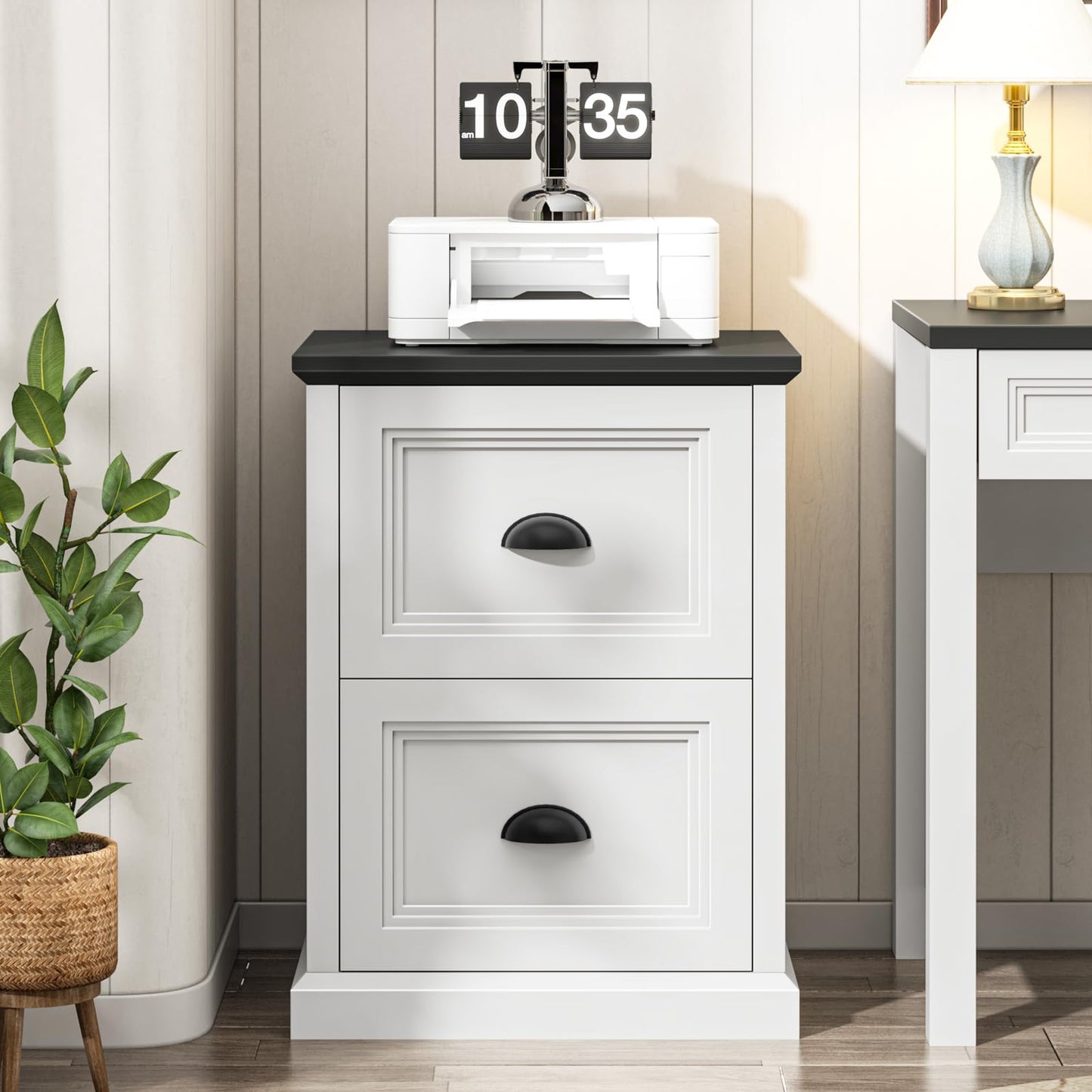 Halitaa Vertical File Cabinet, Filing Cabinet with 2 File Drawers, Farmhouse Small File Cabinet Fits Letter/A4 Size, Wooden Printer Stand, Under Desk Cabinets for Home Office, White and Black