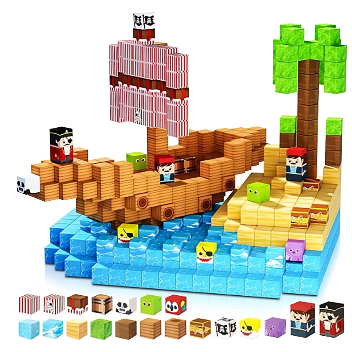 DOFASNCN Magnetic Building Blocks Magnetic Building Tiles Toys for Boys Girls Age 3+,Creative Plastic Magnet Square Gift for Kids New Pirate Ship 100PCS