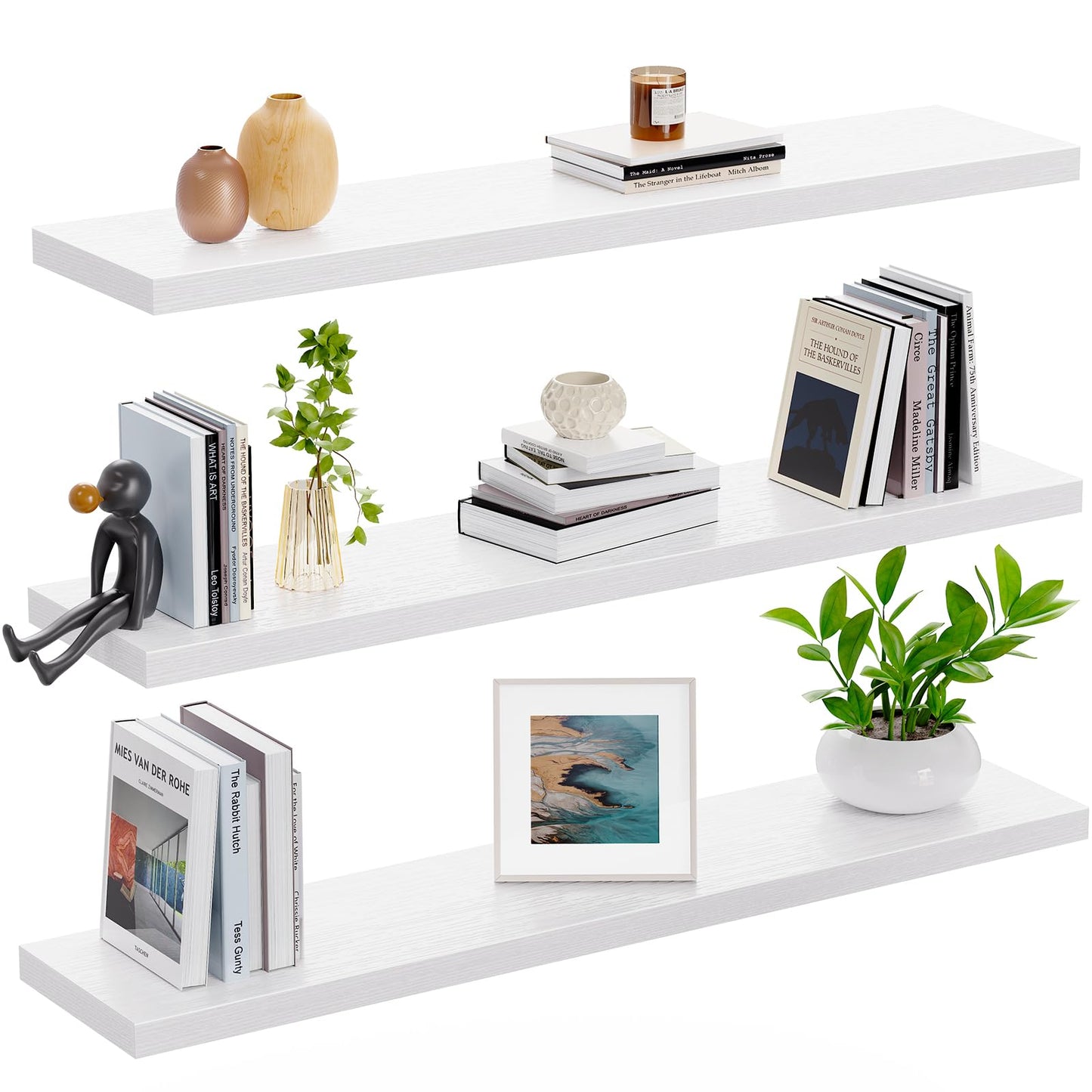 AMADA HOMEFURNISHING 23.6" L Floating Shelves, Wall Shelves Set of 3 for Bathroom/Living Room/Bedroom/Kitchen, White Floating Shelves for Wall Decor with Invisible Brackets - AMFS44W