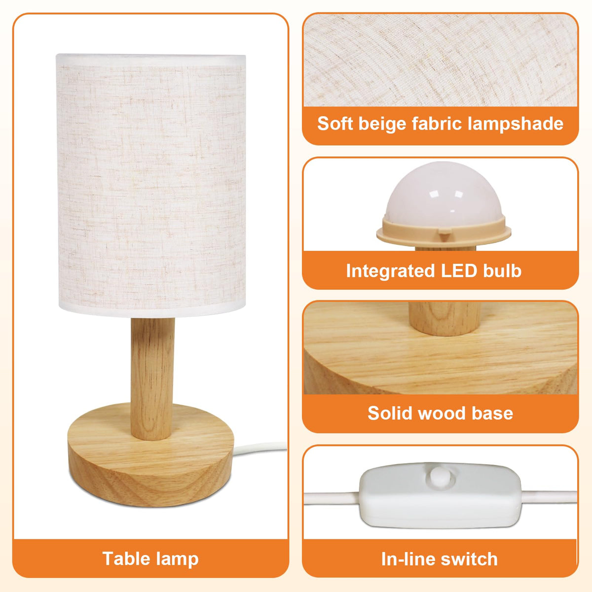 Puzipha Small Bedside Table Lamp with USB Powered, Minimalist Rustic Wood Base &Linen Shade, 2700K Warm Eye-Care Night Light, Farmhouse Boho Nightstand Lamp for Bedroom Dorm Nursery Kids Room Kitchen