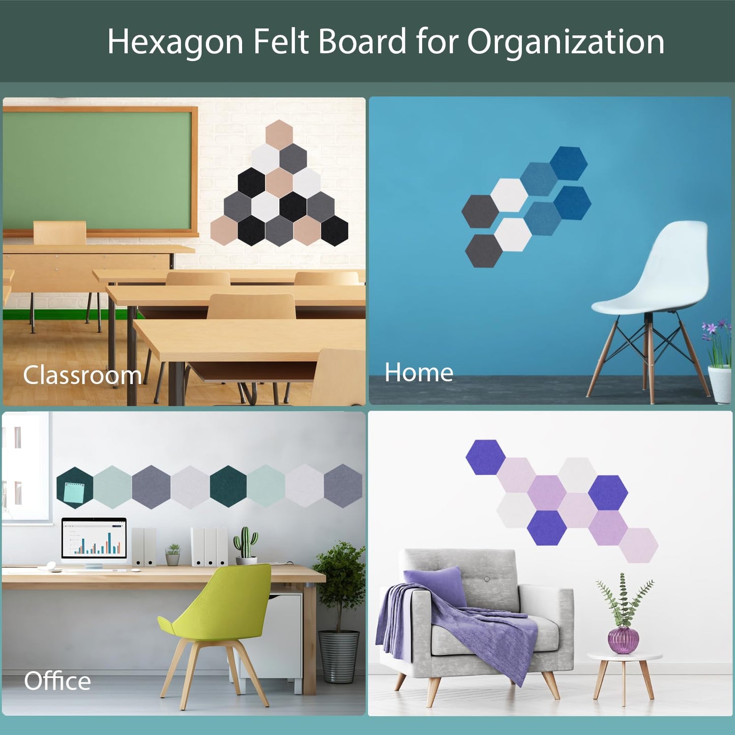 Afumazi Felt Bulletin Board Tiles, 8 Pcs Hexagon Wall Tiles with Removable Adhesive, 7.9×6.9 Inch Cork Pin Board for Classroom, Home, Office (Set D, Middle)