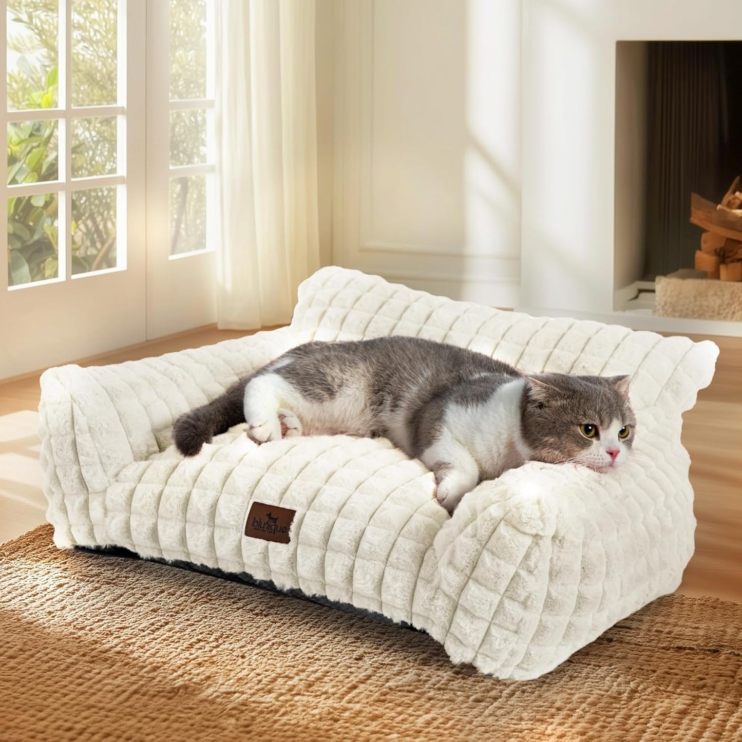 blunique Cat Beds for Indoor Cats - Cute Cat Couch Bed Fluffy Pet Sofa with Faux Rabbit Fur Washable Cover, Fuzzy Pet Couch in 3D Diamond Pattern, Suppportive Large & Small Cats Sofa, 24inch Off White