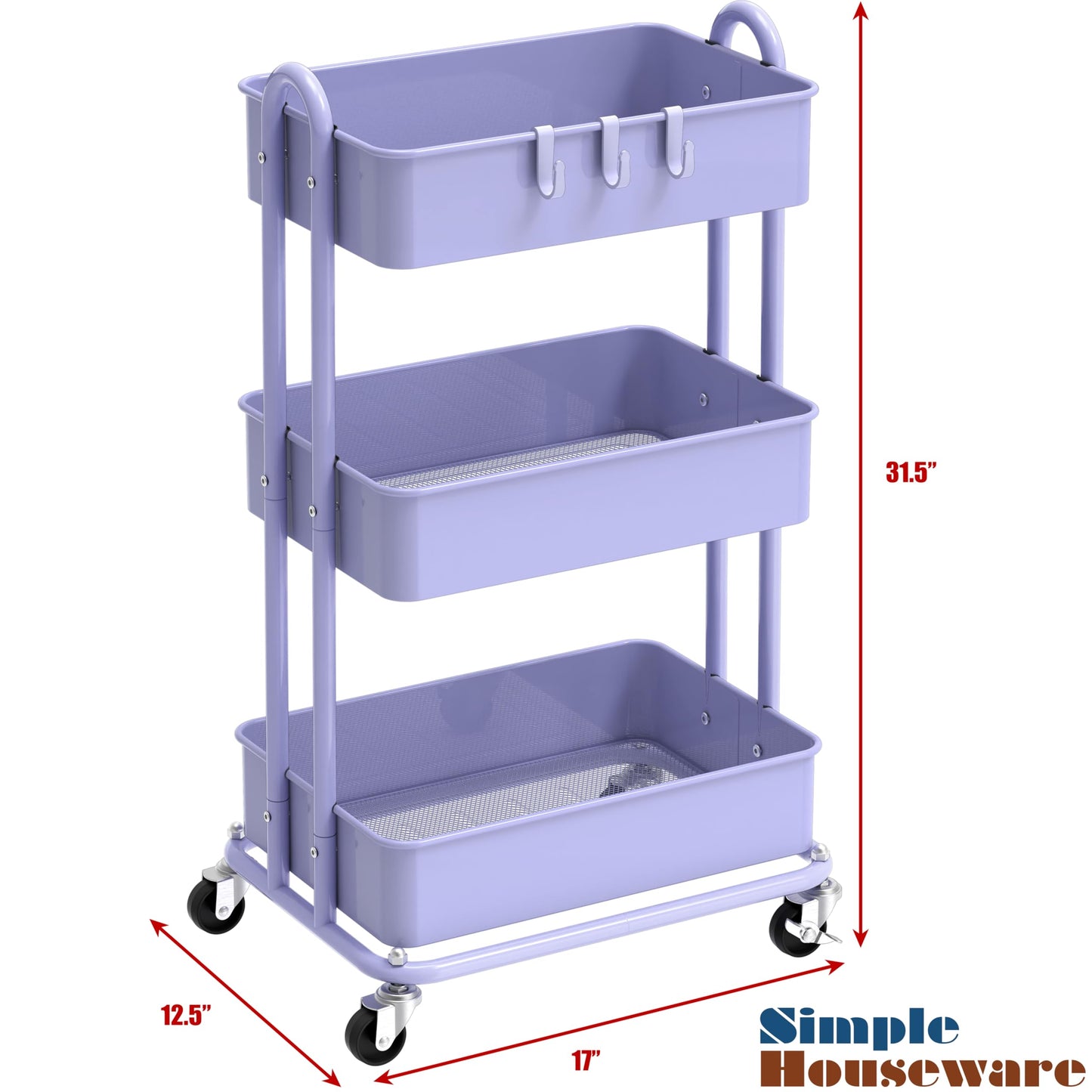 Simple Houseware 3-Tier Heavy Duty Metal Utility Rolling Cart, Purple