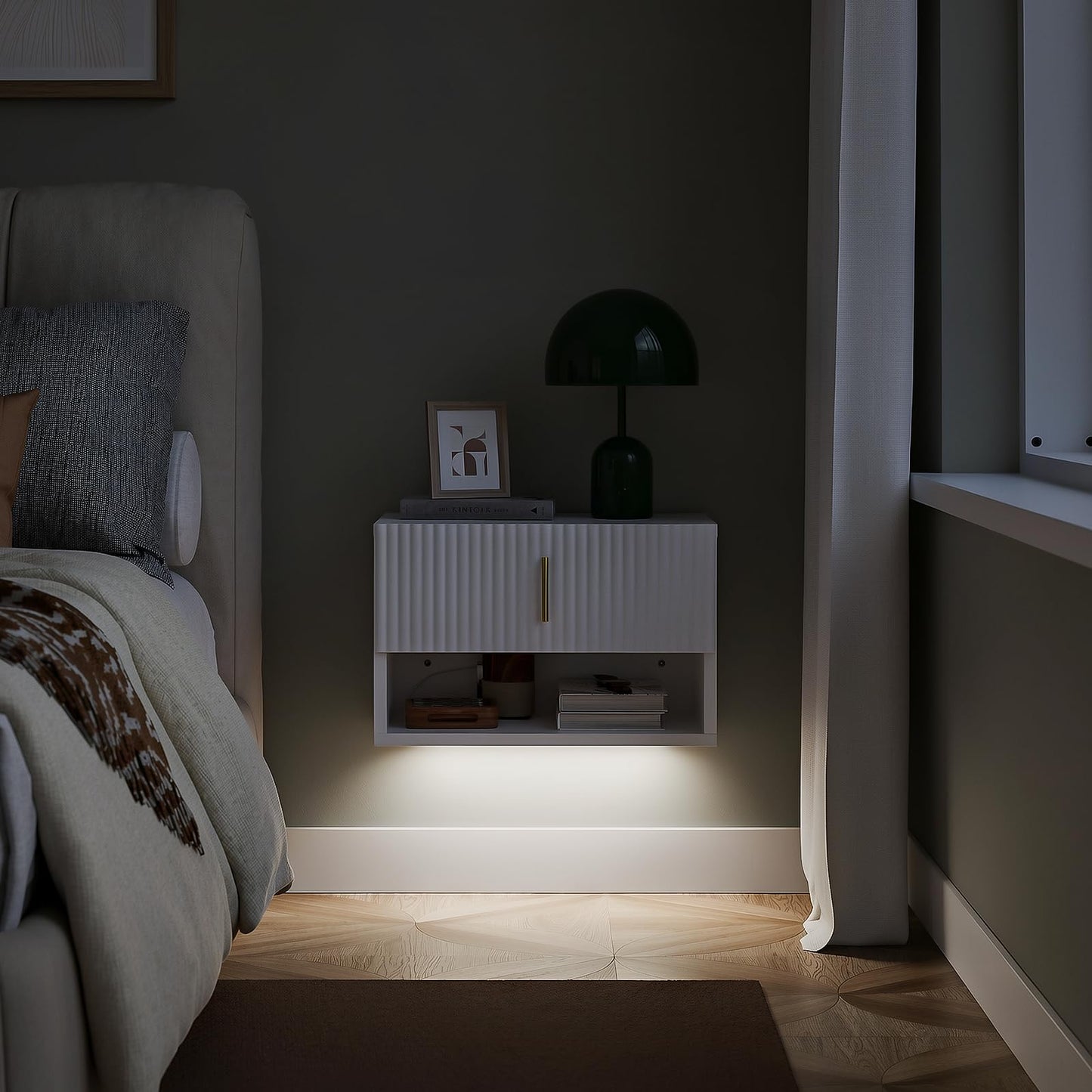SoBuy Floating Nightstand with LED Sensor Light – Slim Wall Mounted Bedside Table with Drawer and Open Shelf, Modern Narrow White Nightstand for Small Bedrooms and Dorms, FBT176-E-W
