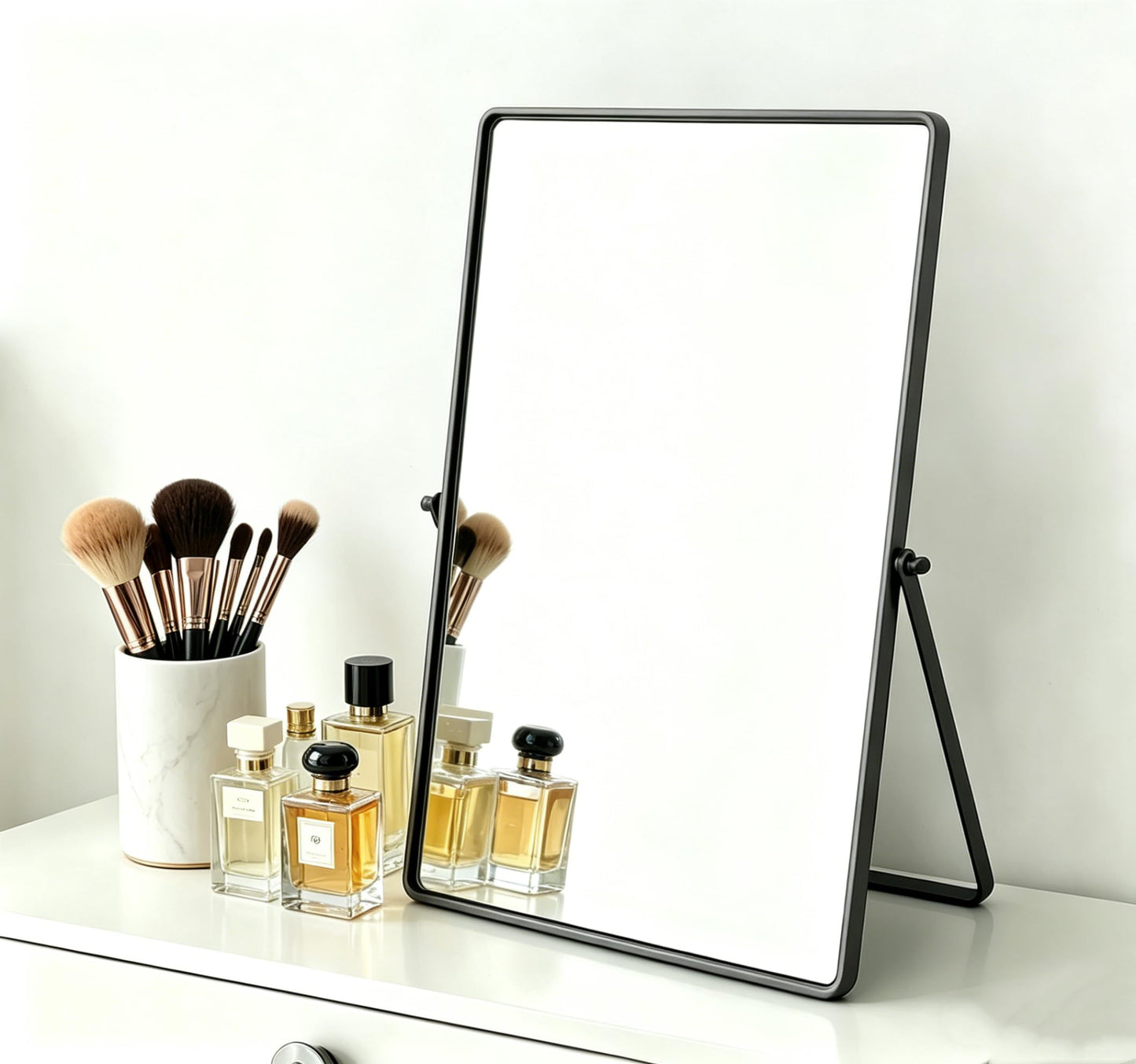 Feyarl Desktop Makeup Vanity Mirror 11.8 x 7.87 Inch Tabletop Mirror 90° Rotation Decorative Standing Cosmetic Mirror for Home Deco Bedroom Bathroom Desk Dresser (Gunmetal Black)