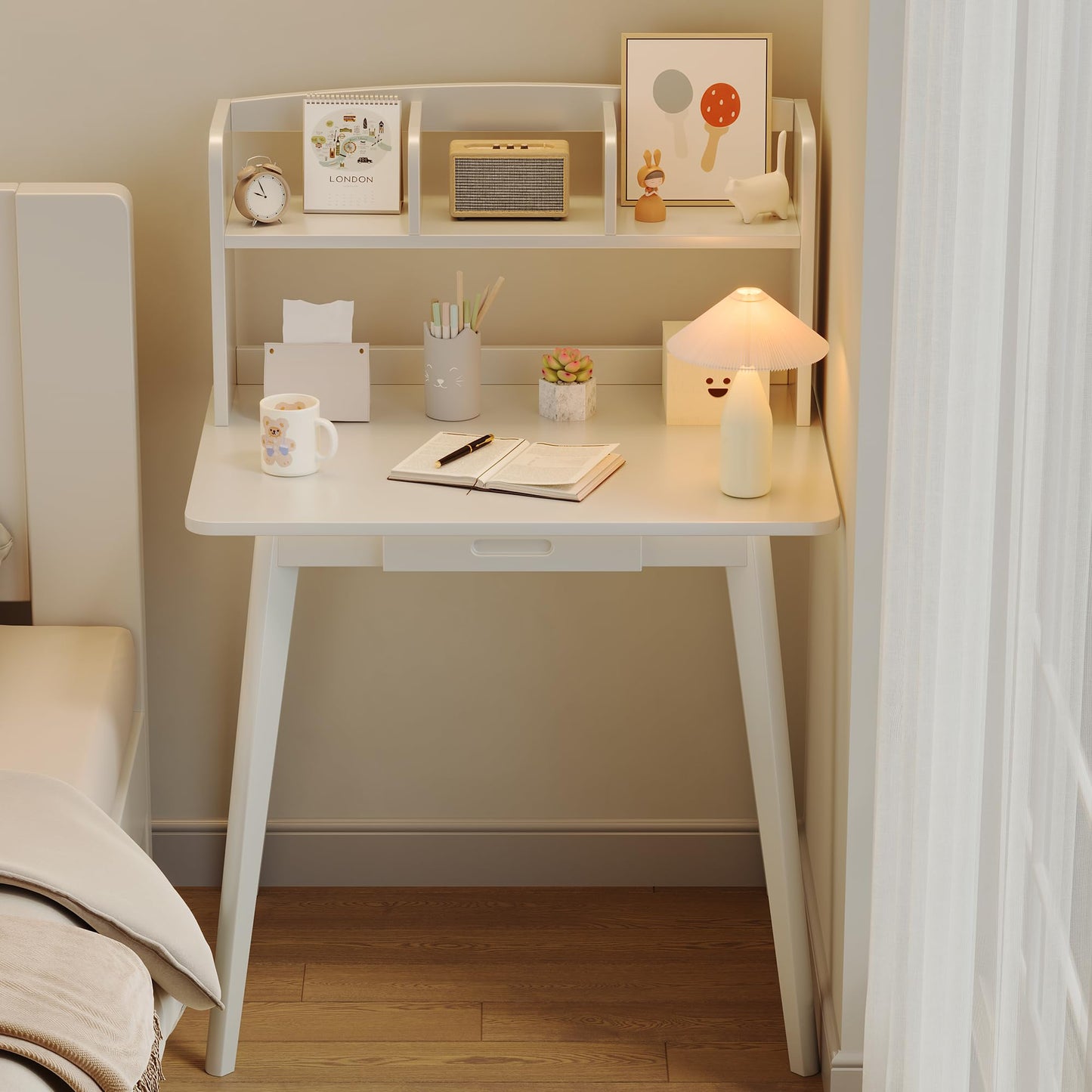 IOTXY Small Writing Desk with Hutch - 31.5" Work Computer Study Table with Drawer for Home and Office, White