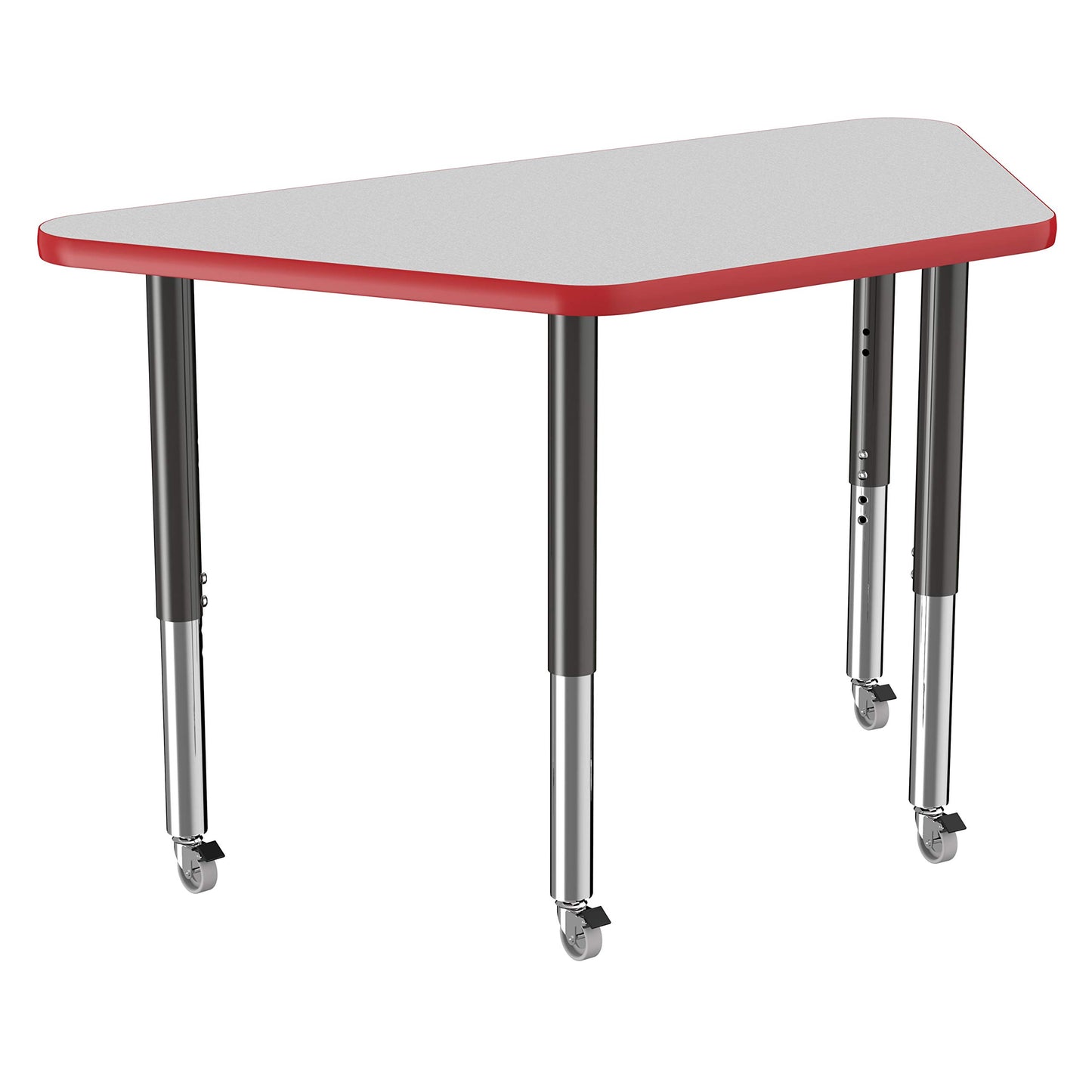 FDP Mobile Trapezoid Activity School and Office Table (24 x 48 inch), Super Legs with Glides and Casters for Collaborative Environments, Adjustable Height 19-30 inches - Gray Top and Red Edge