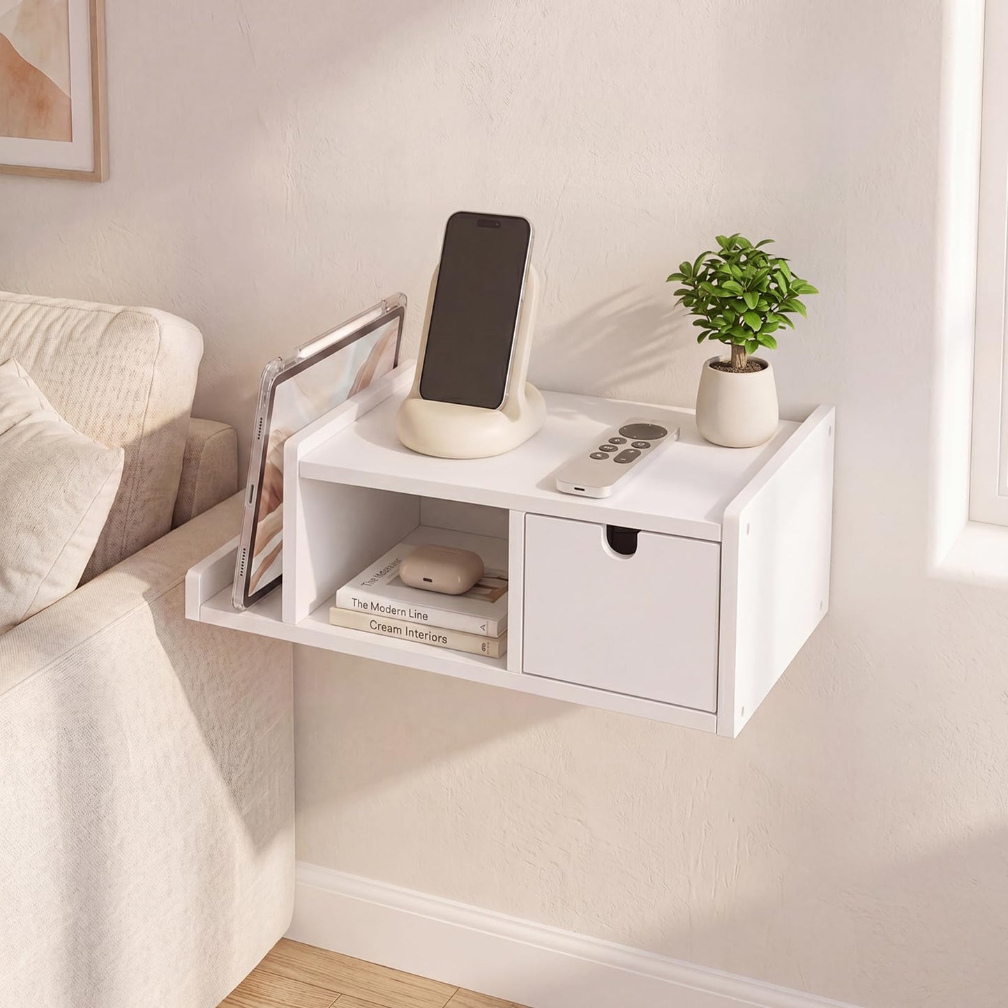 DongRong Floating Nightstand Wall Mounted, Bedside Table with Drawer, Open Cubby & Reversible Side Shelf, Space-Saving Floating End Table for Bedroom/Living Room (White)