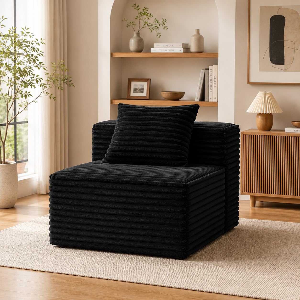 TIRUSS Black 38.58'' Armless Middle Modular Sofa Module, Boneless Fluffy Corduroy Cloud Chair, Detachable Sectional Couch Seat for Living Room Small Spaces