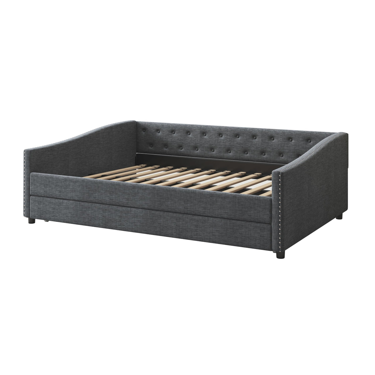 FAVSH Upholstered Daybed with Trundle, Full Size Day Bed w/Button-Tufted Back and Piping on Waved-Shape Arms for Bedroom or Guest Room, No Box Spring Required, Dark Gray