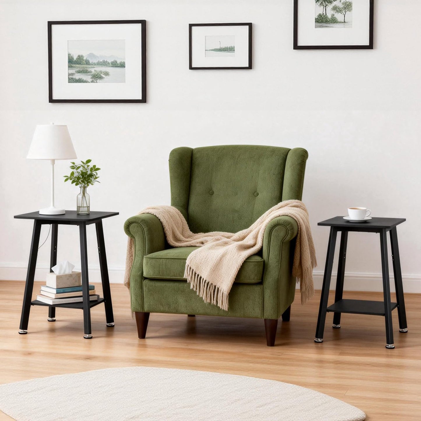 King Oasis 2-Tier Small Side Table for Living Room, End Table with Storage Shelf, Wood & Metal Bedside Table Nightstand for Small Spaces, Sturdy Sofa Side Table for Bedroom, Matte Black 2pcs