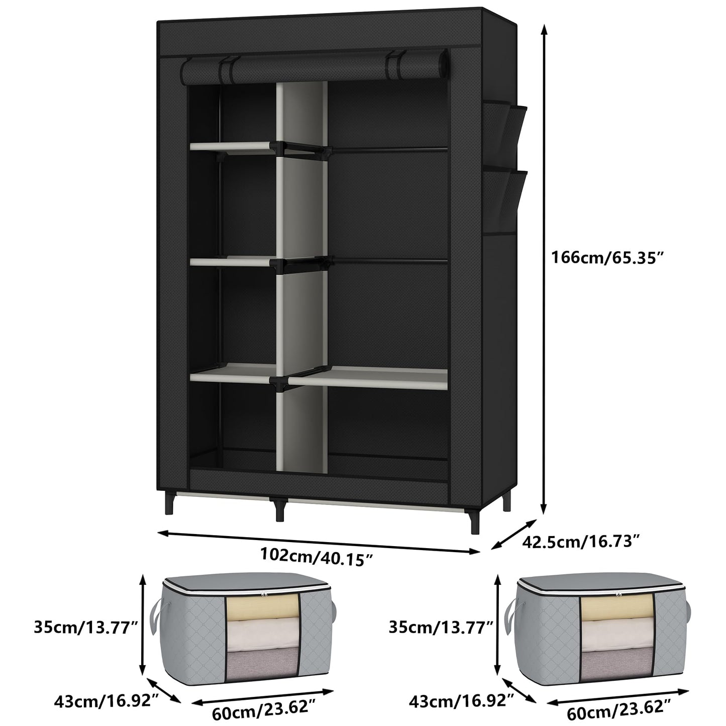 Calmootey Portable Closet, Wardrobe with 6 Shelves and Hanging Rod, Storage Organizer for Bedroom, Non-Woven Fabric Cover with 4 Side Pockets, Includes 2 Storage Bags for Clothes, Black
