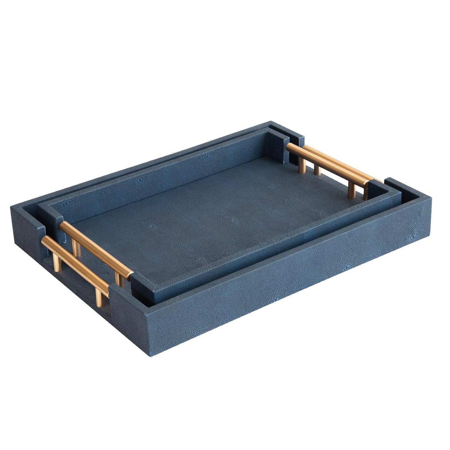 UPPER DECOR Modern Decorative Tray Set of 2, Blue Shagreen Leather Tray, Rectangle Serving Trays with Gold Polished Metal Handles, Ottoman Trays Coffee Table Perfume Kitchen Home Decor