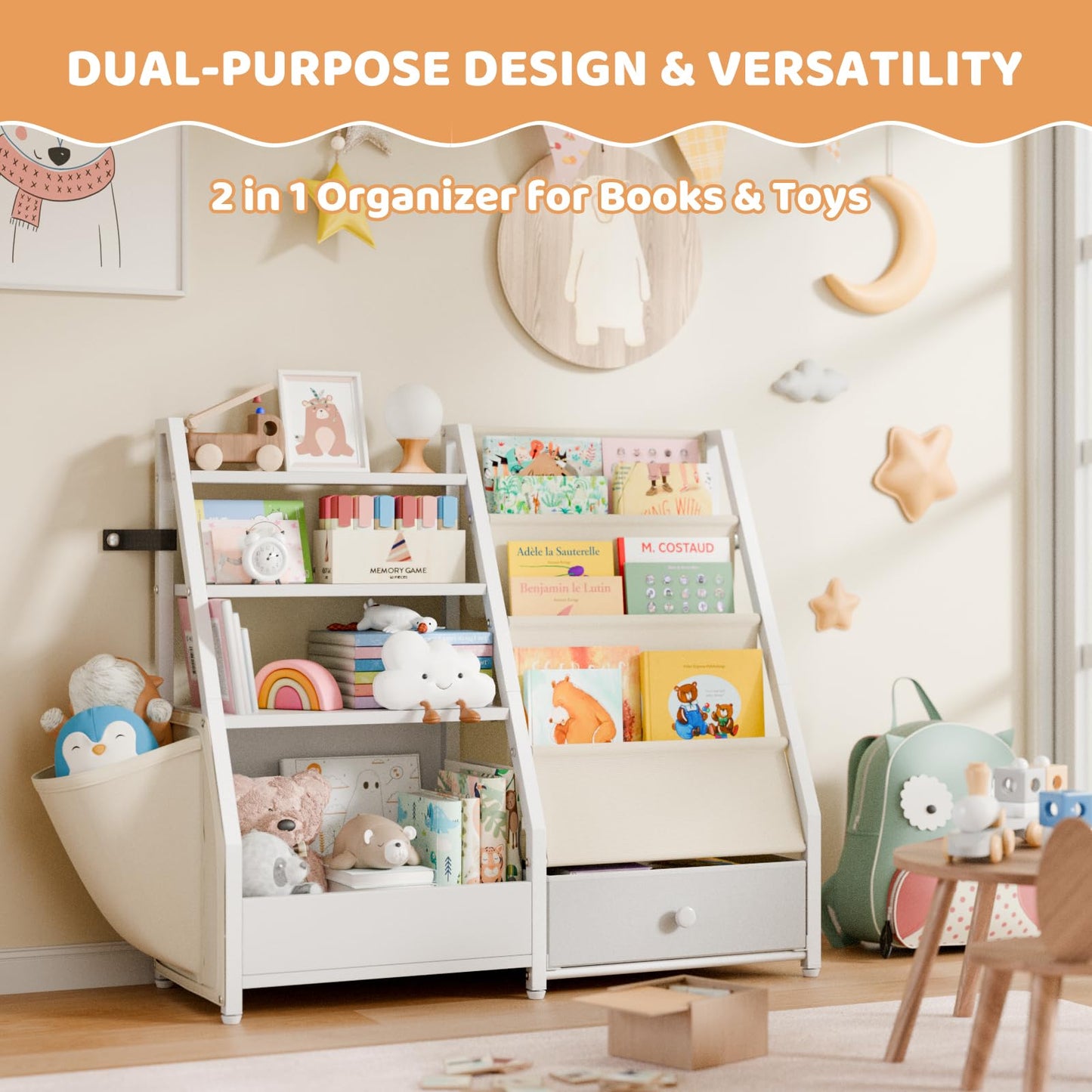 HAVLOTII Kids Bookshelf and Toy Storage - Book Shelf for Kids Rooms, Toddler Bookshelf Baby Bookcase for Nursery, Montessori Toy Organizer, White