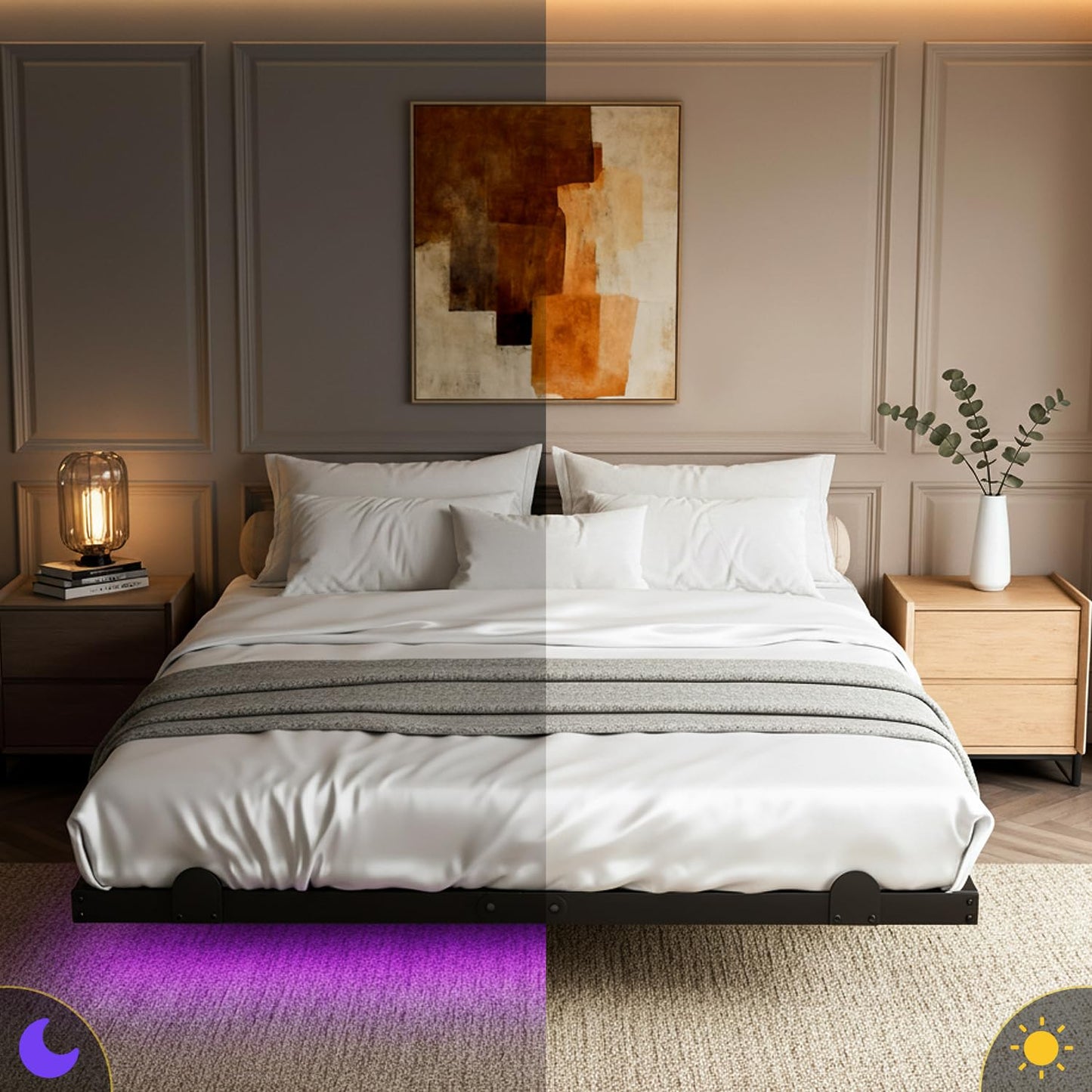 AGXI Floating Bed Frame with LED Lights and Charging Station, 10 Inch Floating Bed Frame Full, Metal Platform Full Bed, No Box Spring Needed, Easy to Assemble
