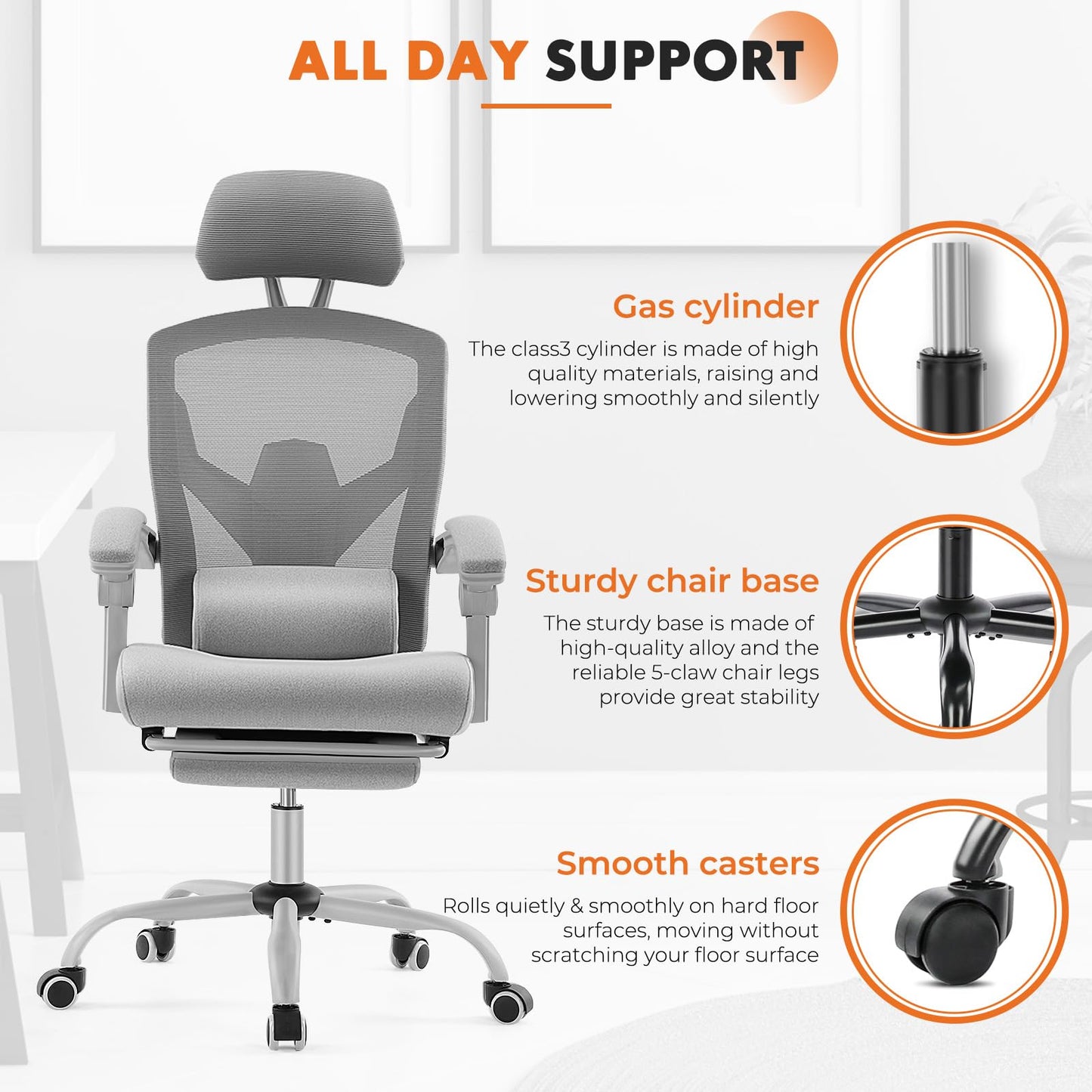 Sweetcrispy Office Computer Desk Chair with Footrest,Ergonomic High-Back Mesh Rolling Work Swivel Chairs with Wheels,Comfortable Lumbar Support,Comfy Arms for Home,Bedroom,Study,Student,Light Grey