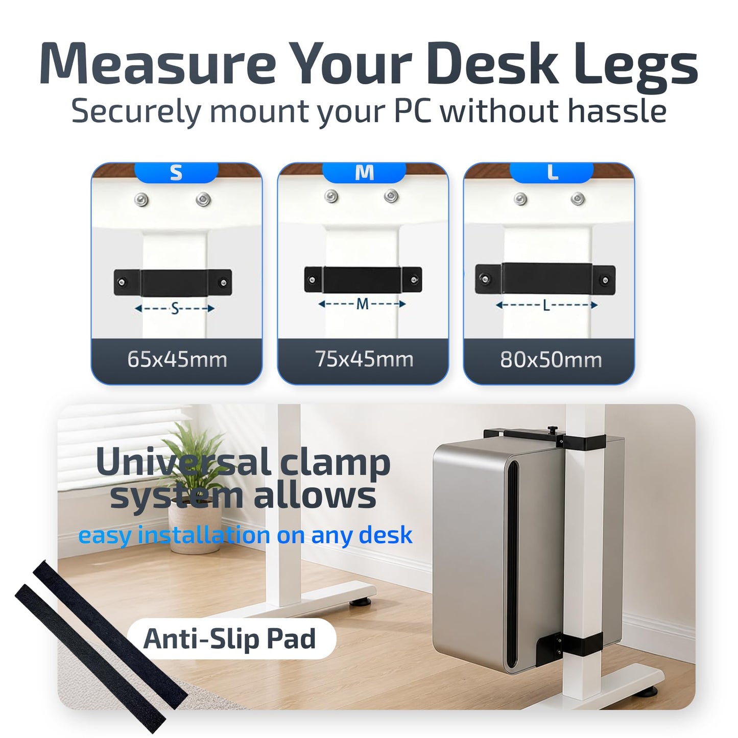 DEHAGLOBAL Clamp Mount Under Desk Pc Mount, Adjustable Height and Width No Drilling 50 lb Capacity with Non-Slip Pads & Cable Organizer for Standing Desk (Black, 75mmx45mm)