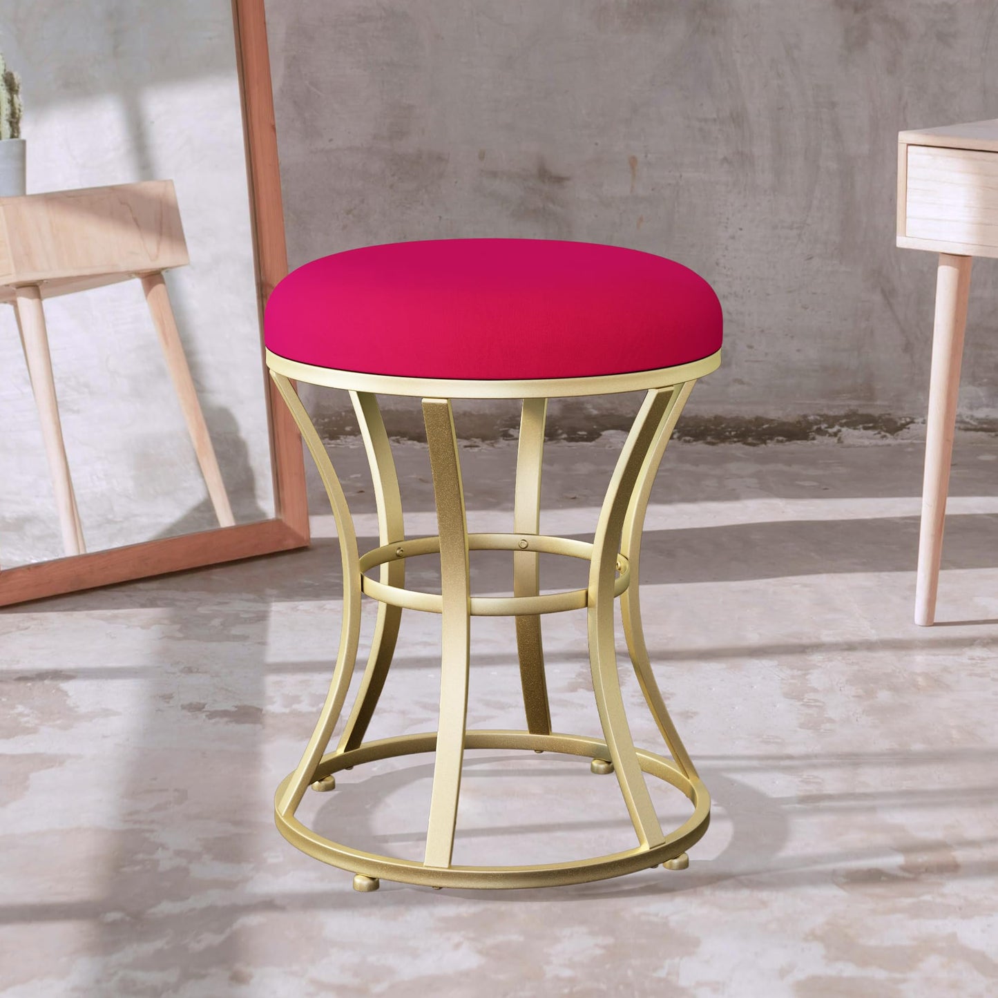 Ellensamqi Velvet Round Vanity Stool,Red Velvet Footrest Ottoman Foot Stool Seat with Golden Metal Legs,Makeup Chair for Bathroom Vanity,Bedroom,Living Room