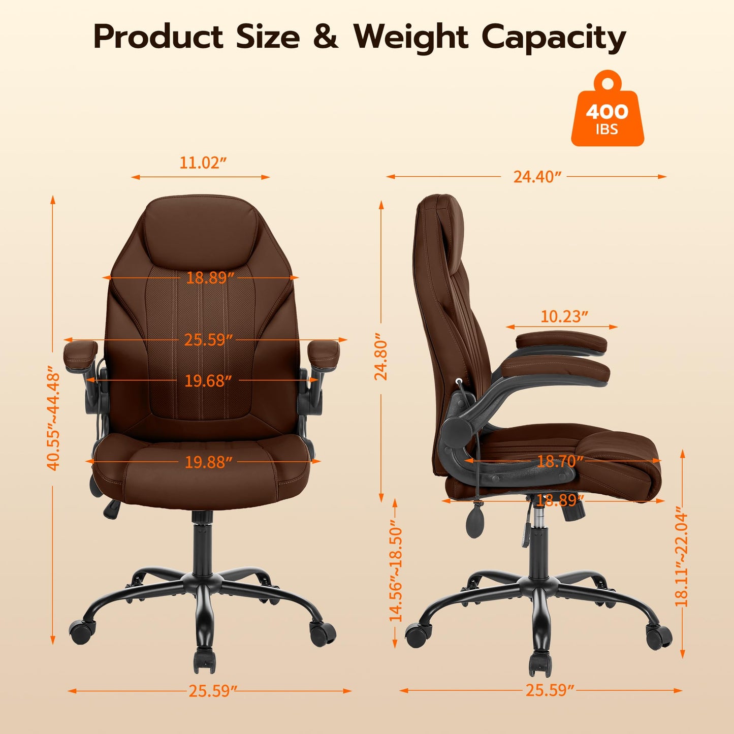 Ylzyxal Office Desk Chair, Ergonomic Computer Chair with Padded Flip-Up Arms and Adjustable Lumbar Support, PU Leather Executive Chair with Tilt Lock and 360° Swivel Rolling Wheels for Work, Study