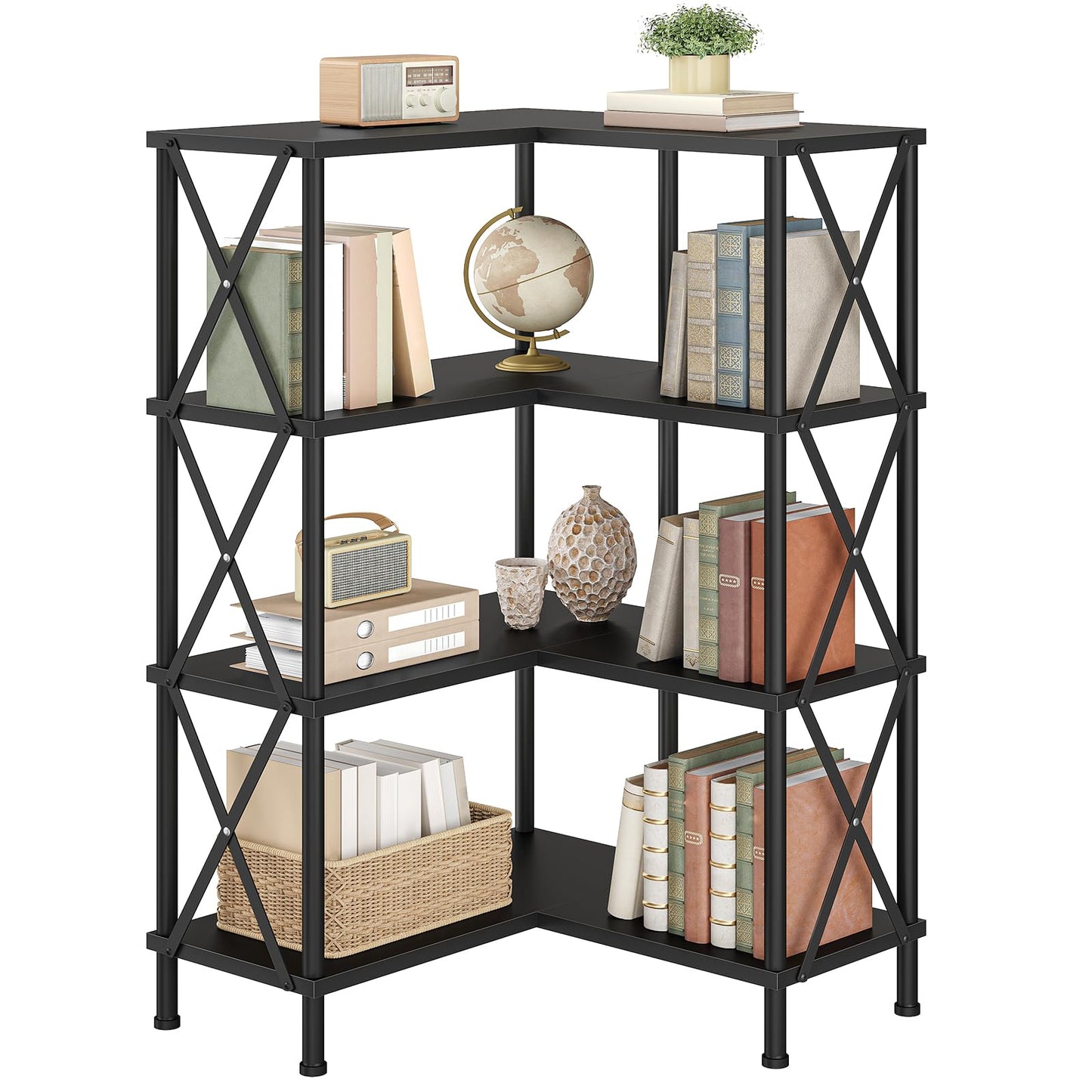 HOOBRO Corner Bookshelf, 4-Tier L-Shaped Bookcase, Industrial Open Display Shelf Tall Storage Organizer, Vertical Storage Rack, for Living Room, Home Office, Black BB59SJ01