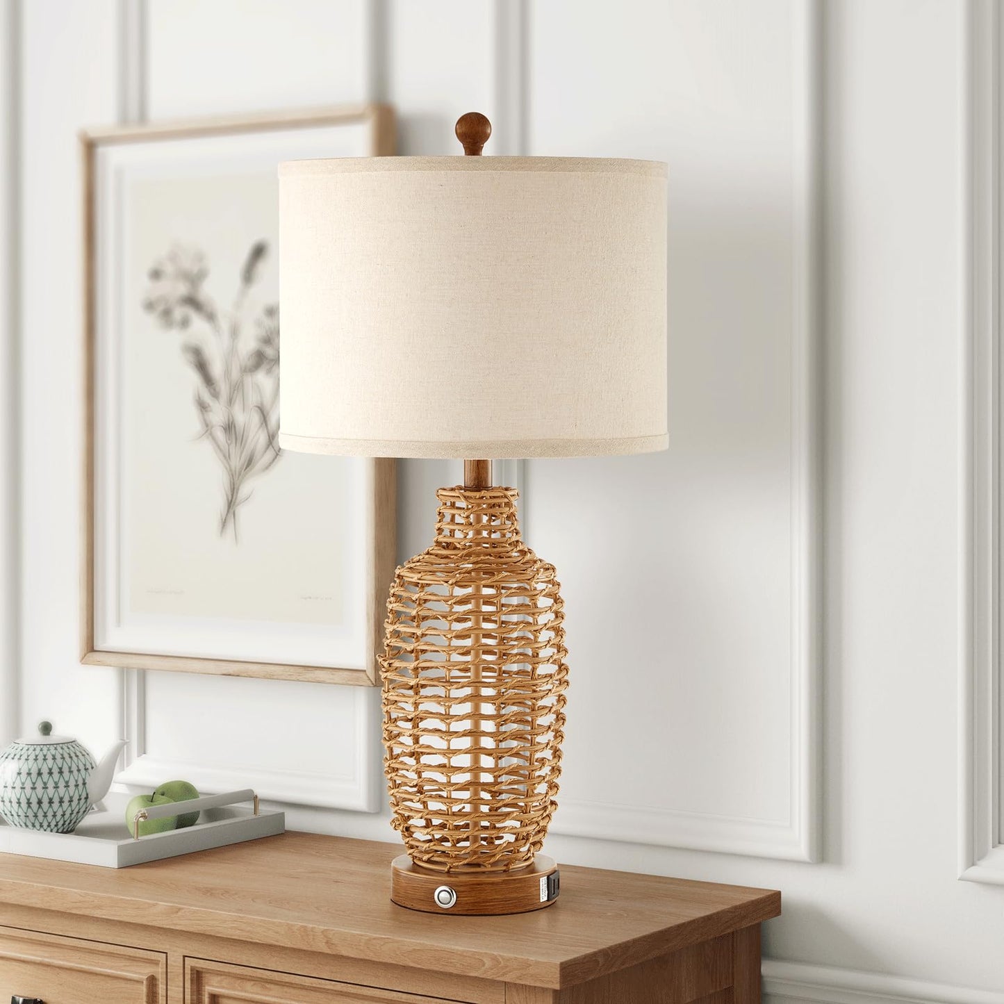YIMNOVP Rattan Table Lamps Set of 2 Wicker Lamps 3 Way Dimmable Touch Control Farmhouse Rustic Coastal Lamps with USB Port for Bedroom Living Room Office (LED Bulbs Included)
