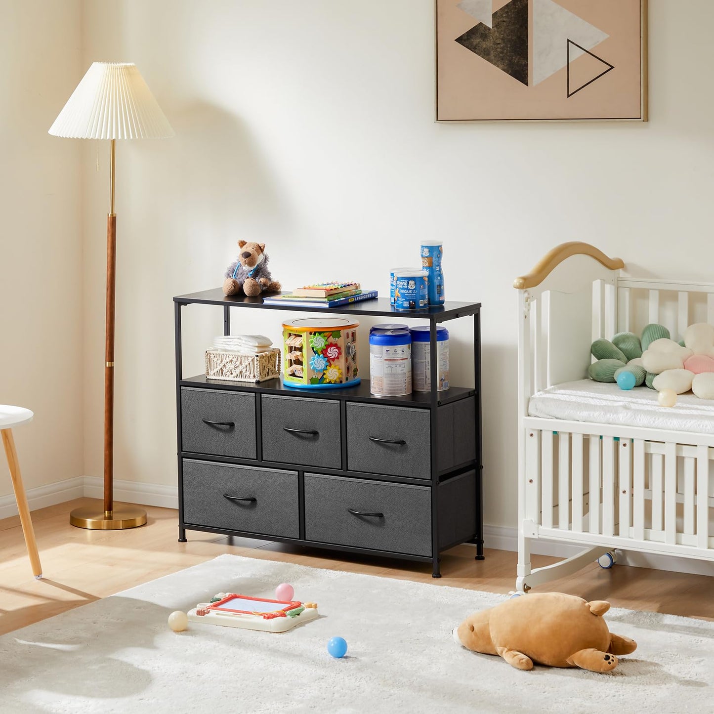 DUMOS TV Stand Dresser with 5 Fabric Storage Drawers, Media Console Featuring Open Shelf for 45 inch TV, Compact Entertainment Unit for Bedroom, Living Space, or Dorm Organization, Grey
