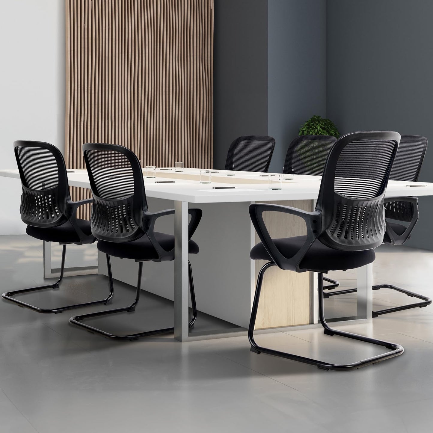 Sweetcrispy Reception Chair No Wheels, Stationary Non Rolling Mesh Mid Back Computer Guest Side with Lumbar Support for Waiting Area Reception Conference Room, Set of 4, Modern Black