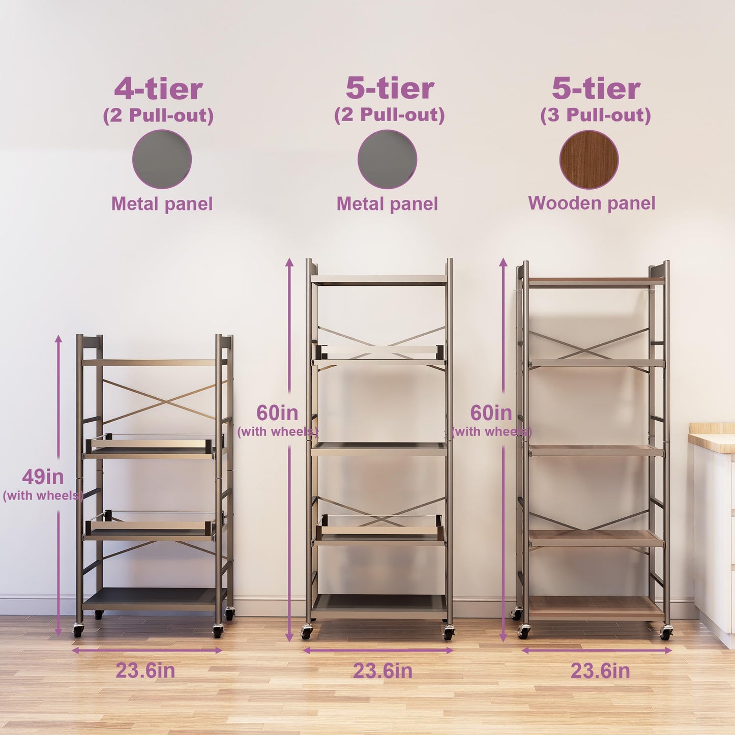 4-Tier Pull Out Kitchen Baker's Rack with Wheels, Heavy Duty Metal Microwave Stand with Storage, Adjustable Ktichen Shelves Freestanding, Rolling Utility Storage Cart (23.6''W x 49.2''H)