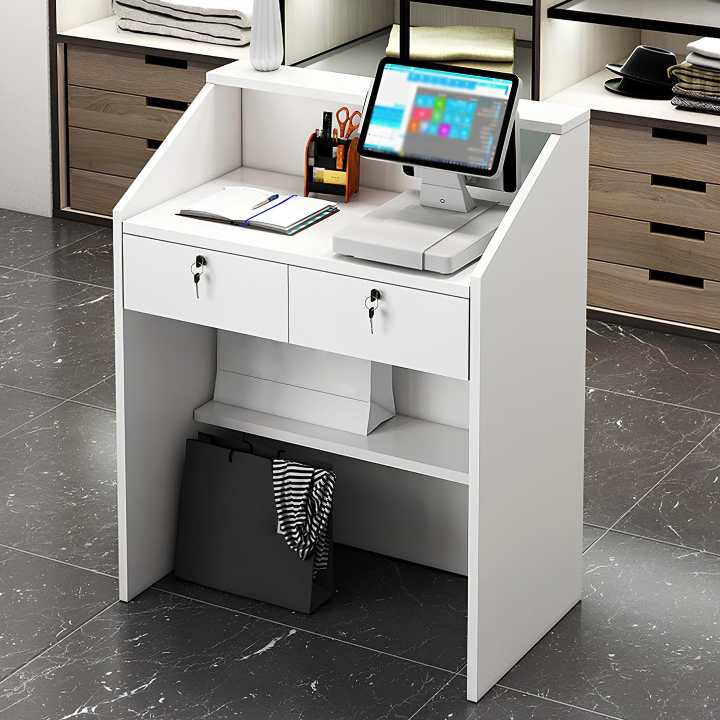 Reception Desk, Front Desk Reception Counter, Retail Counter, Modern Checkout Counter, for Office Salon Store Hotel Lobby, White