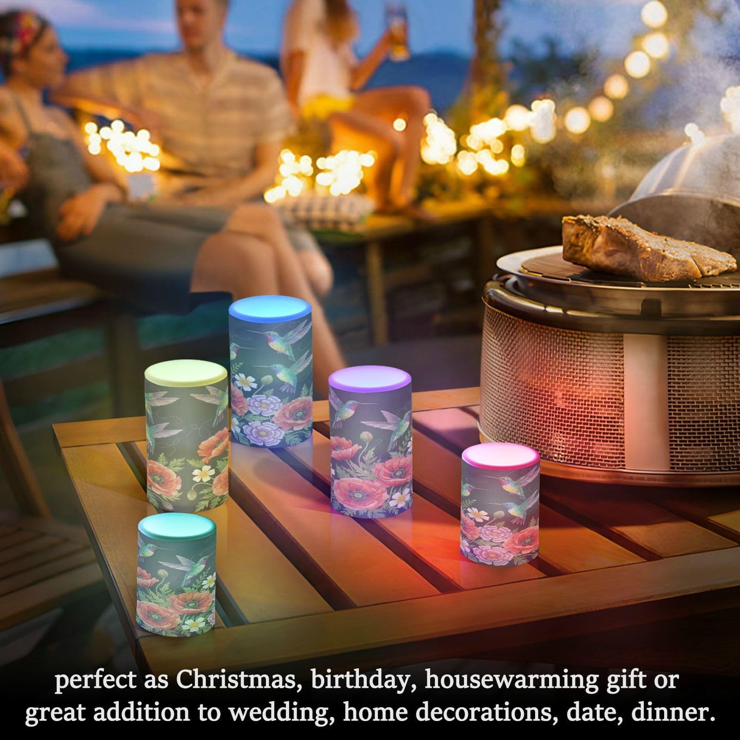 ALAZA Hummingbirds and Flowers Poppies Flickering Flameless Candles Battery Operated with Remote Timer,Tea Light Candles LED Pillar Votive Candles Set of 2 for Outdoor Indoor Decorations