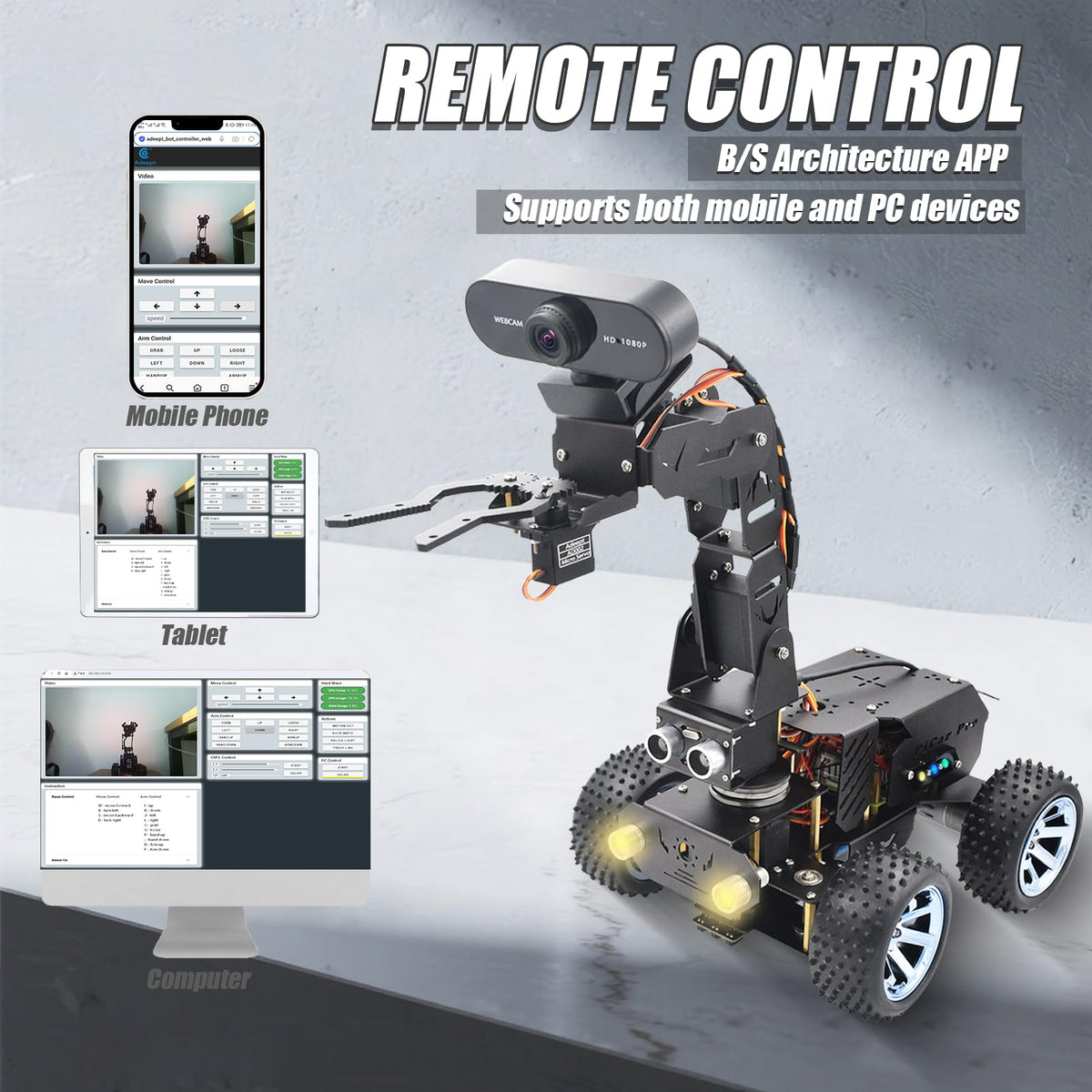 Adeept PiCar Pro V2 Smart Robot Car Kit with 4-DOF Robotic Arm for Raspberry Pi 5/4/3(Pi NOT Included), Programming Educational STEM Project Robotics, Obstacle Avoidance, Line Tracking, USB-C Charging
