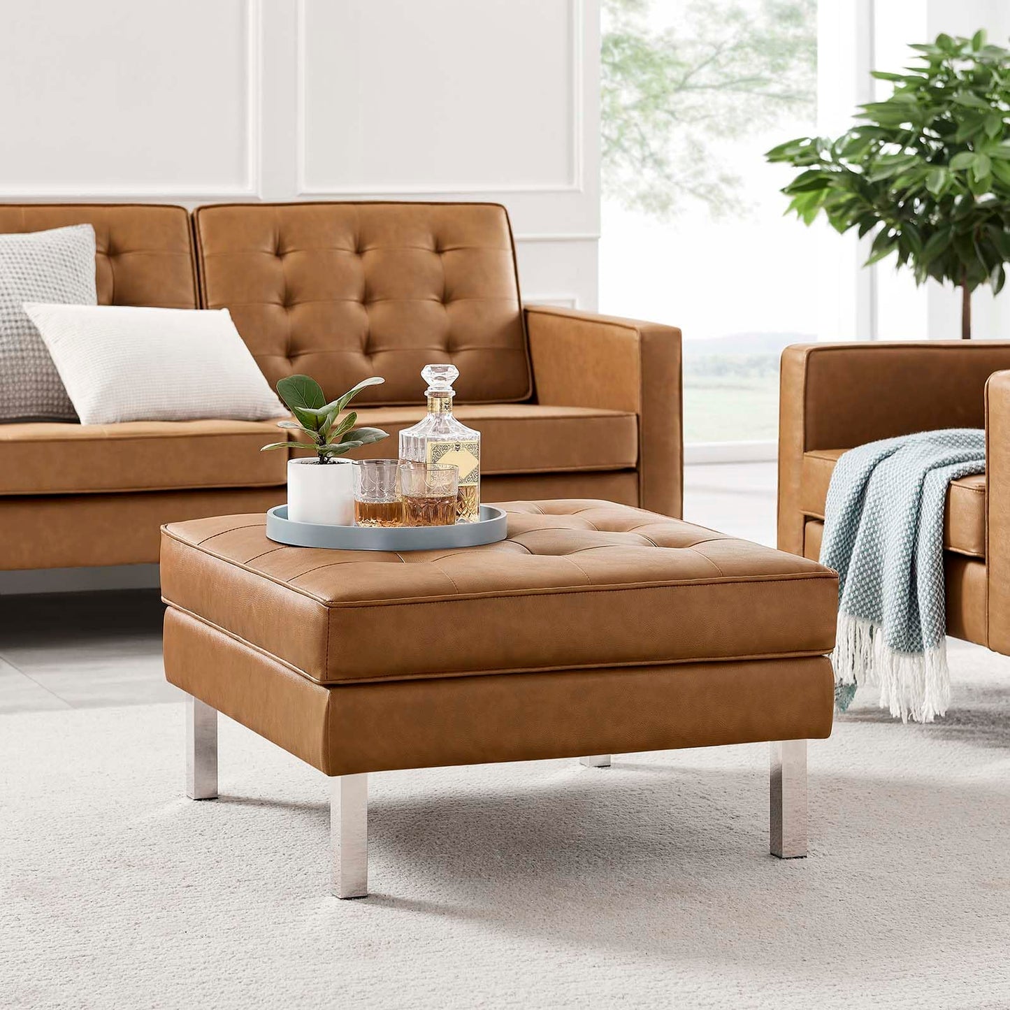 Modway Loft Tufted Button Faux Leather Upholstered Square Ottoman in Silver Tan