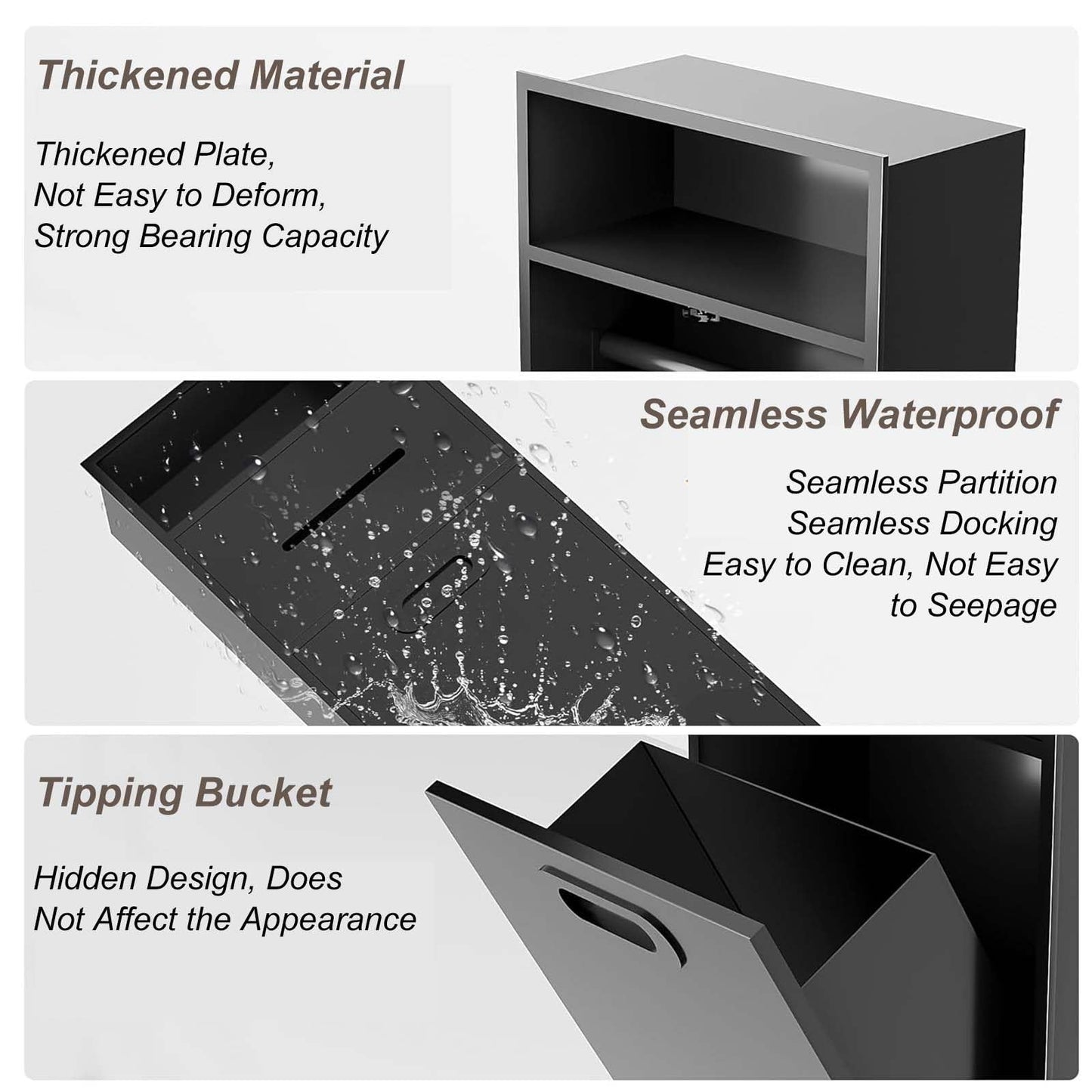 Wall Mounted Hidden Trash Can Cabinet, Stainless Steel Waterproof Tissue Box, Decorative Shelf Niche for Bathroom, Space-Saving Black Organizer, Stylish Waste Bin Solution