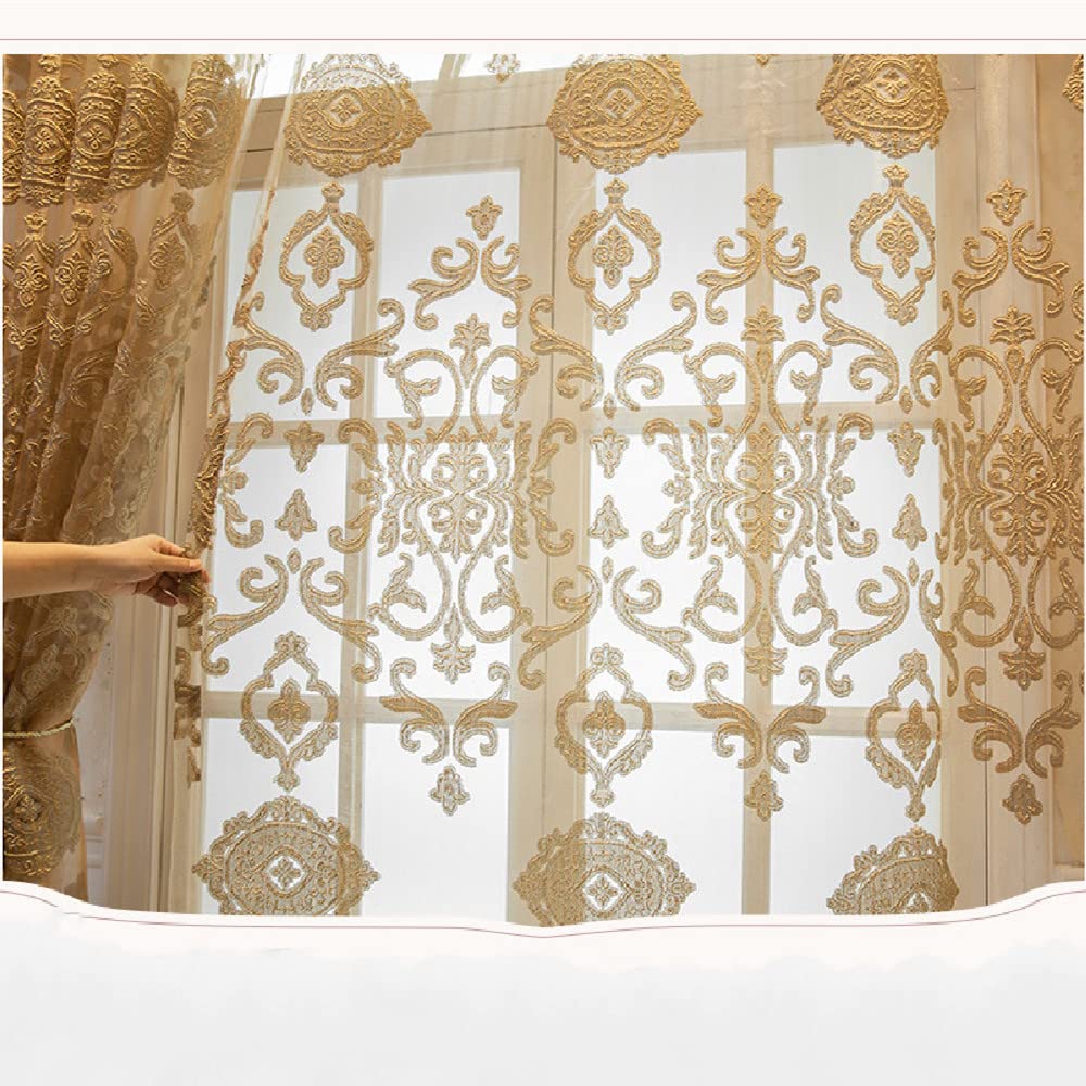 Amidoudou 1 Pair Luxury European Sheer Curtains Hollow Embroidered Tulle Curtains for Bedroom Living Room (Gold,54x96 Inch)