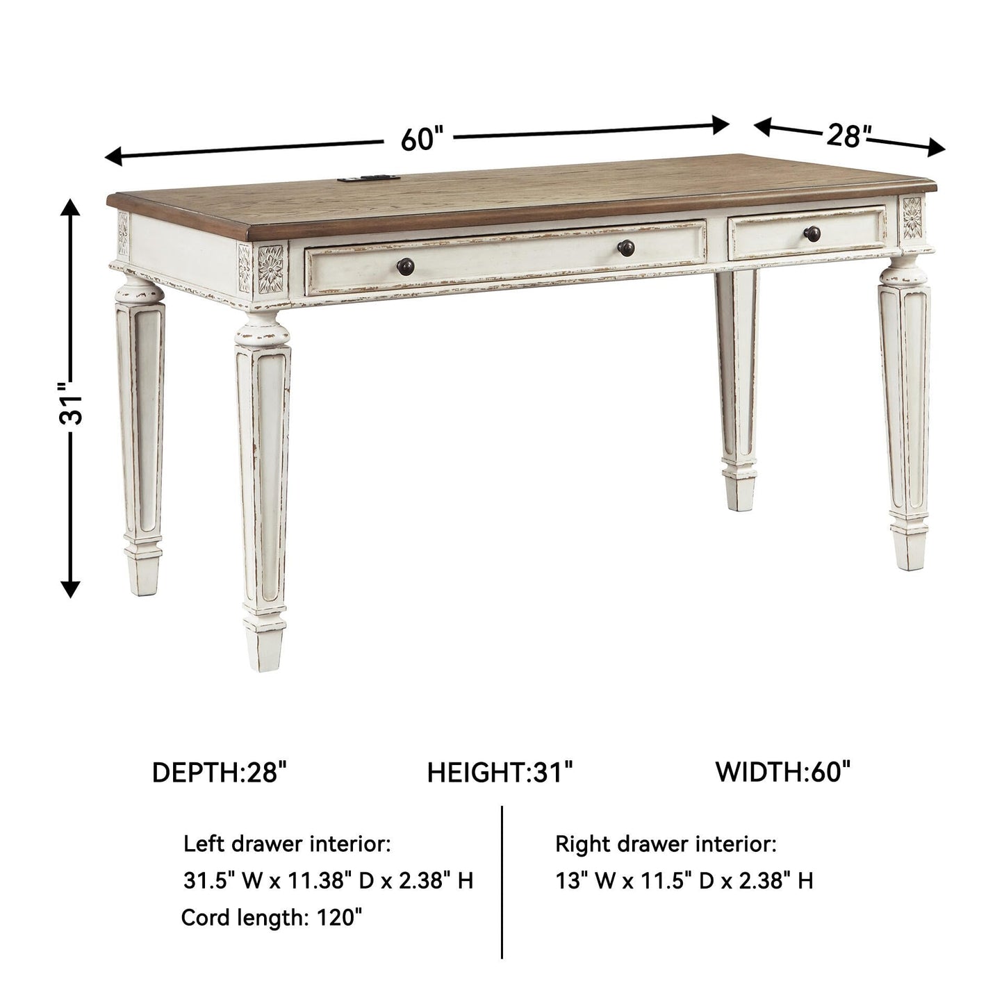 Signature Design by Ashley Realyn Farmhouse Home Office Desk, 2 Drawers, Drop-down Drawer, USB Charging, Wood, 60" W x 28" D x 31" H, Chipped White and Brown