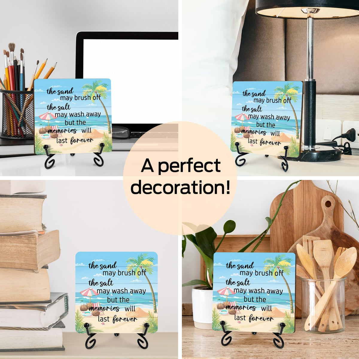 Beach Wooden Sign Desk & Shelf Decor Plaque – "The Sand The Salt" Room Accent with Stand – Coastal Summer Decorations for Home Office, Beachy Room, Bathroom – Beach Gifts for Women, Vacation Gift