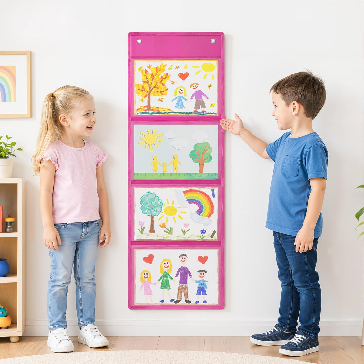 Watersay 2 Pcs Storage Pocket Chart for Classroom 37.4 x 13 in, 4 Pockets Hanging Wall File Organizer for Cards, Drawing, Pictures, Class Demonstrations, Homework, Teacher Office Organization (Pink)