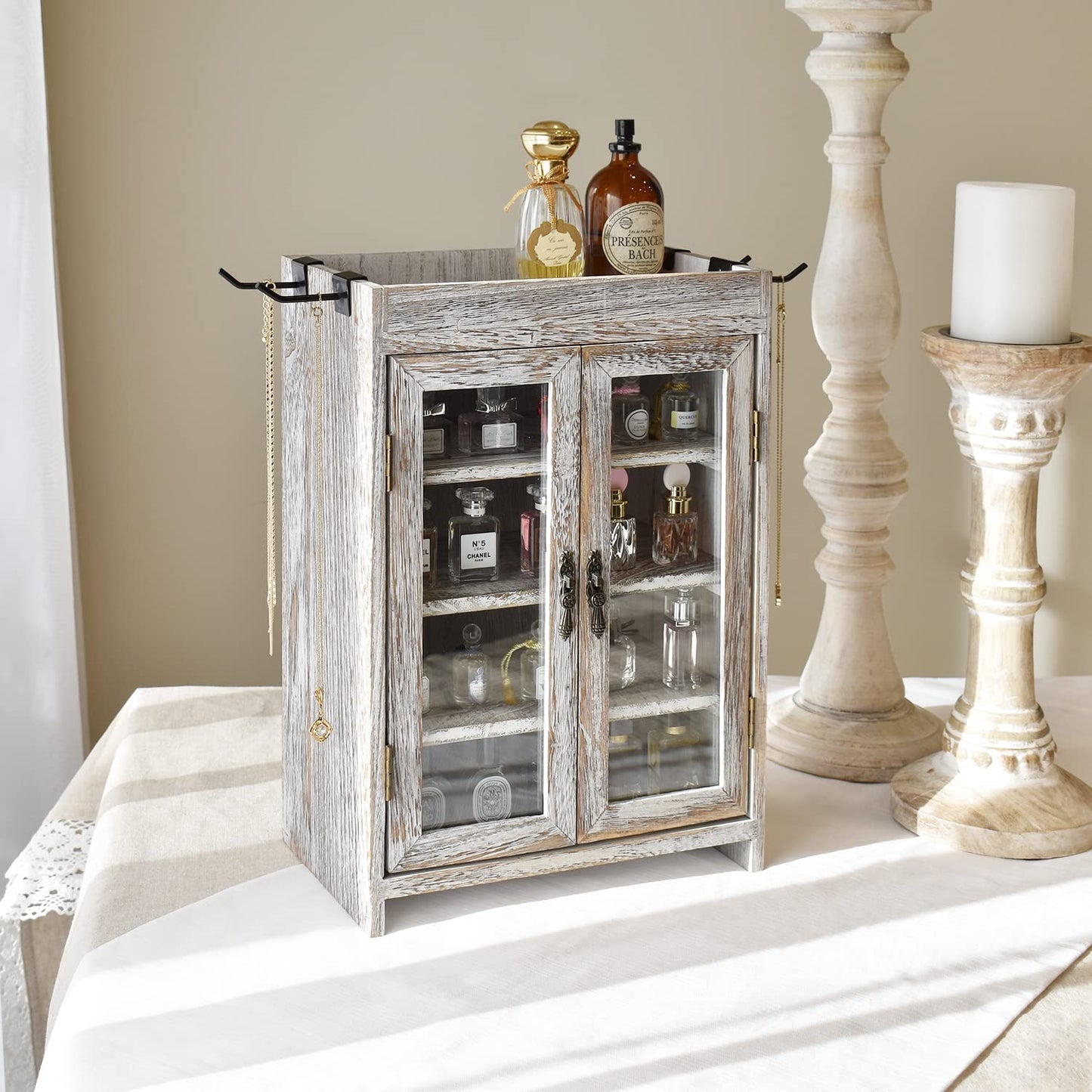 Ikee Design Wooden Countertop Storage Cabinet. Customizable Organizer with Adjustable Shelves, Glass Window Door and Removable Metal Hook. Perfect for Kitchen, Vanity, or Bathroom. Antique White