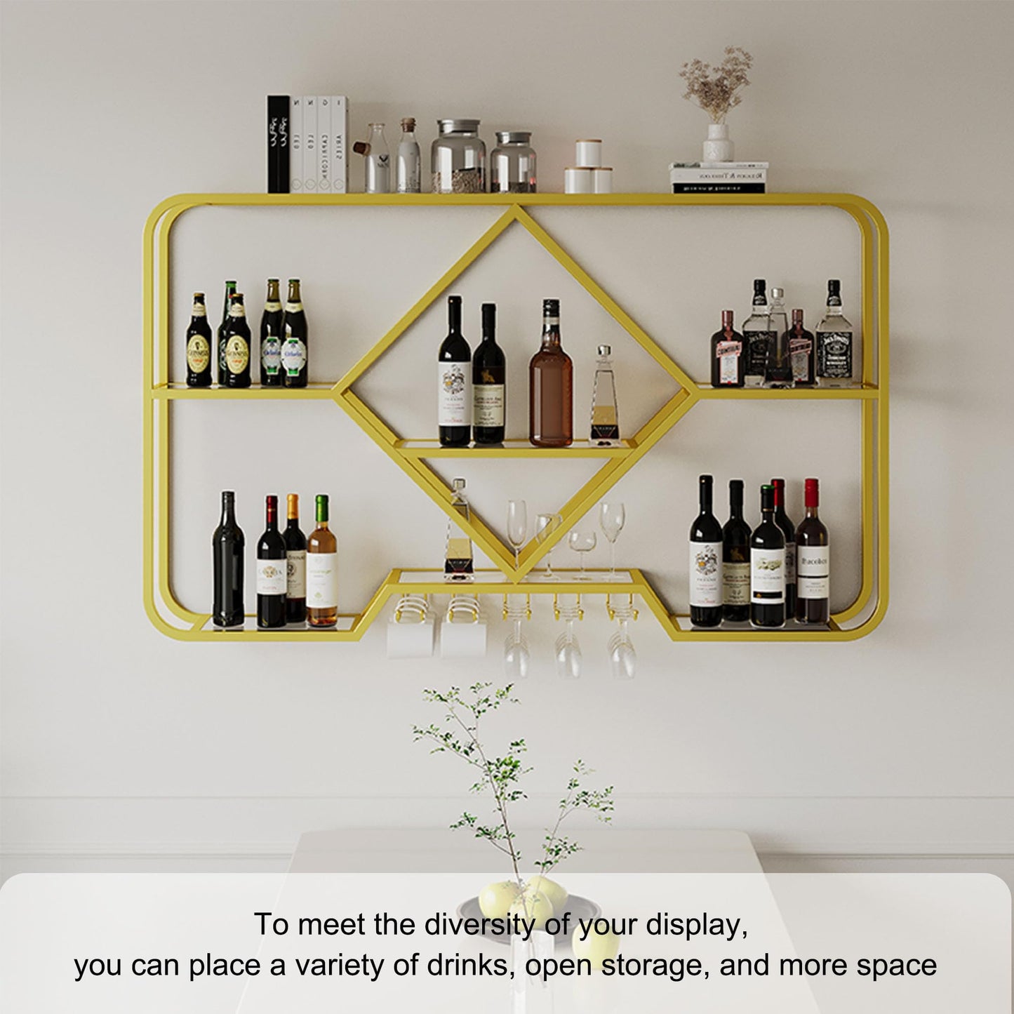 Wall Mounted Wine Rack with Glass Holder and Liquor Cabinet - Home Bar Furniture for Wine Storage - Hanging Wine Glass Rack and Bottle Display Shelf for Cafe Kitchen