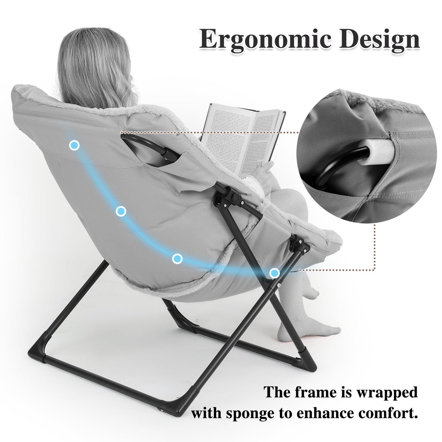 Mordchil HF Comfy Saucer Chair for Adults, Set of 2, Soft Faux Fur Bedroom Chair, Accent Dorm Chairs, Flexible Living Room Reading Chairs, Oversized Folding Seat for Teens, X-Large, Black