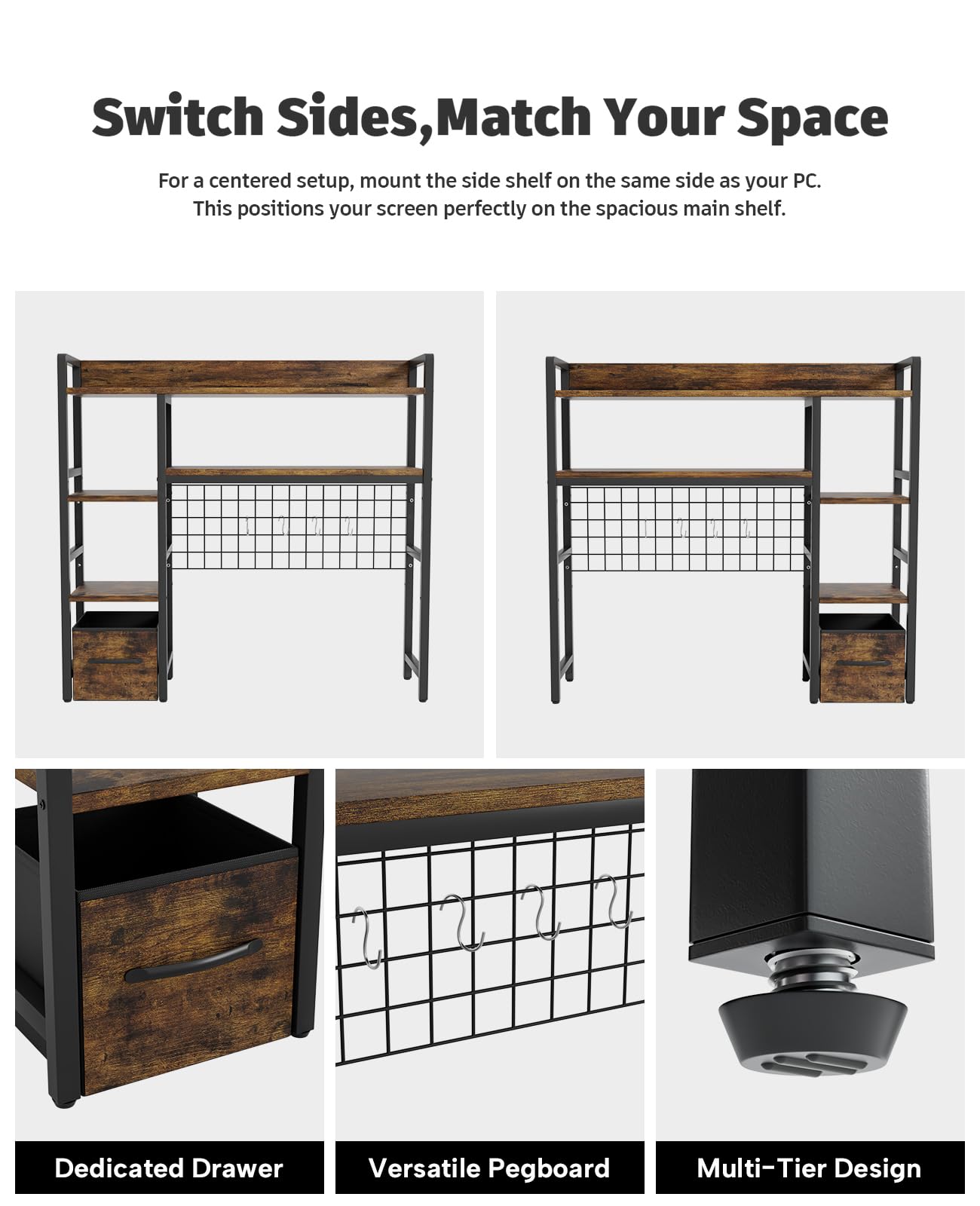Rifoer Desk Hutch for Computer Monitor, 38.6" Over Desk Shelf with Grid Panel & Woven Drawer, 4-Tier Sturdy Metal and Wood Tabletop Storage Rack for College Dorm, Home Office, Rustic Brown
