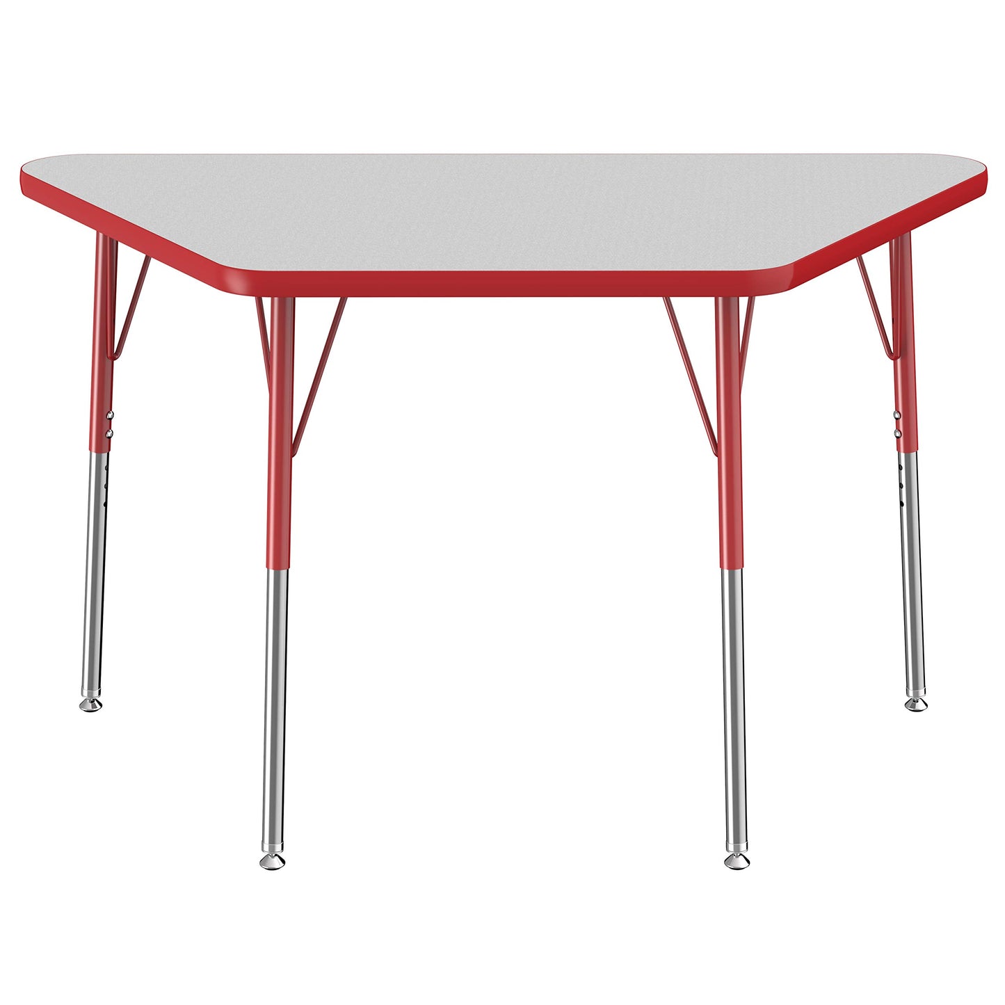 FDP Trapezoid Activity School and Office Table (24 x 48 inch), Standard Legs with Swivel Glides for Collaborative Seating Environments, Adjustable Height 19-30 inches - Gray Top and Red Edge